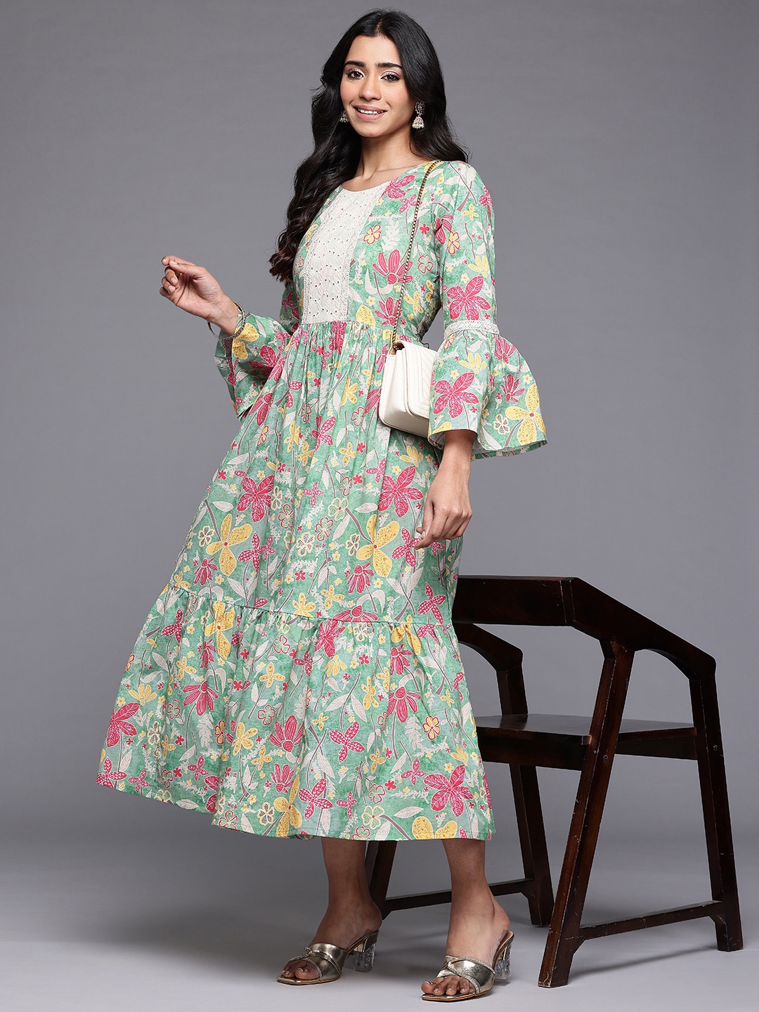 

Ahalyaa Floral Printed Bell Sleeves Tiered Midi Pure Cotton A-Line Ethnic Dress, Green