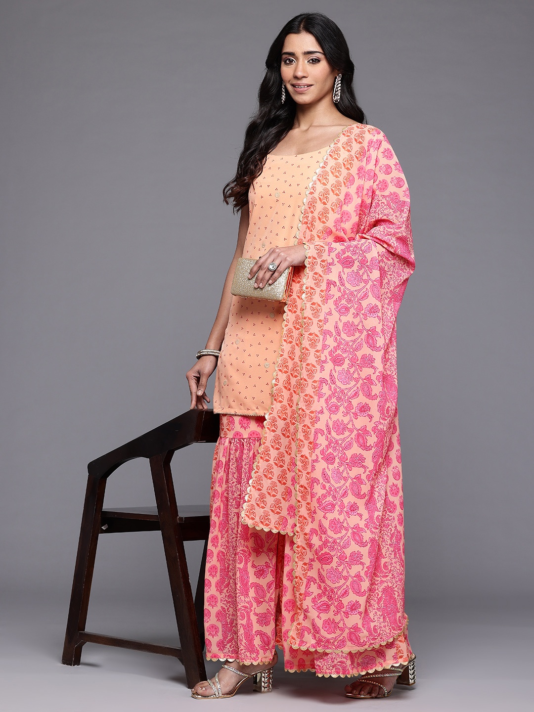 

Ahalyaa Bandhani Printed Gotta Patti Kurti with Sharara & Dupatta, Peach