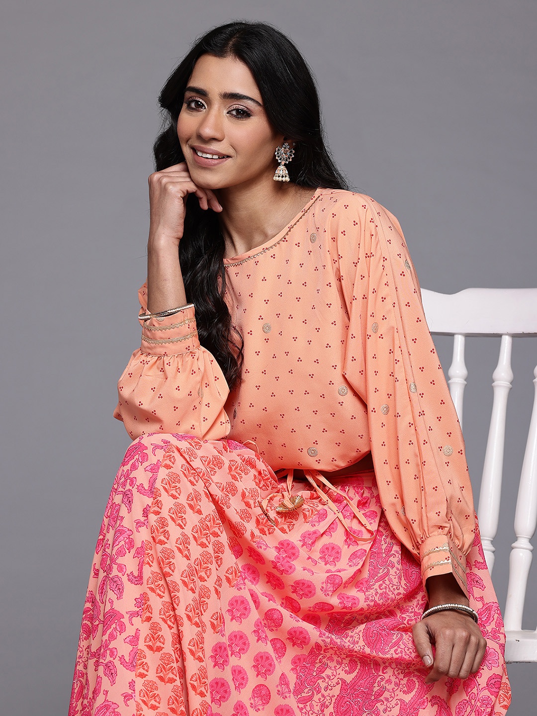 

Ahalyaa Printed Top & Long Skirt Co Ord Set, Peach