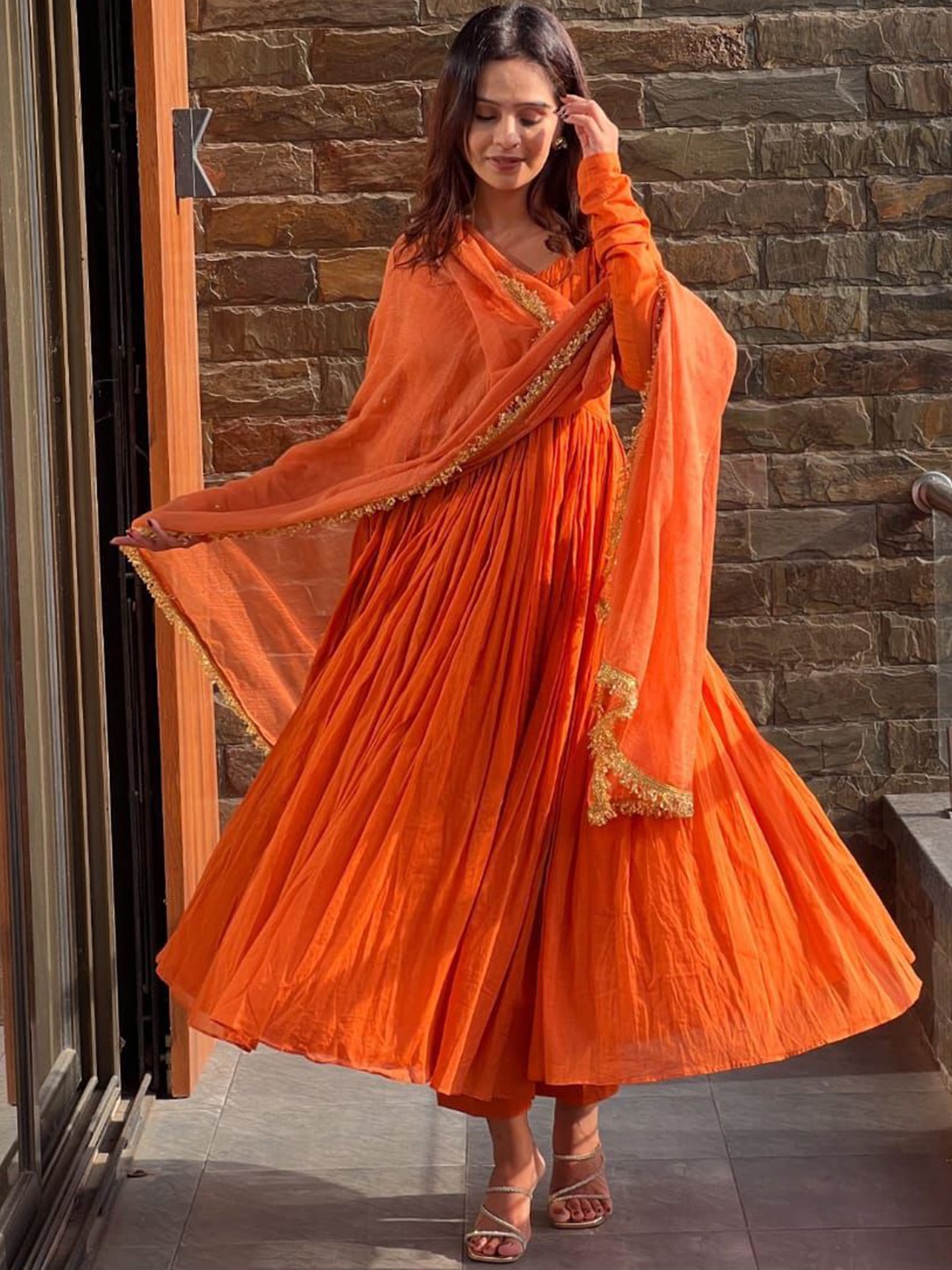 

KALINI Round Neck Pleated Anarkali Kurta With Trousers & Dupatta, Orange