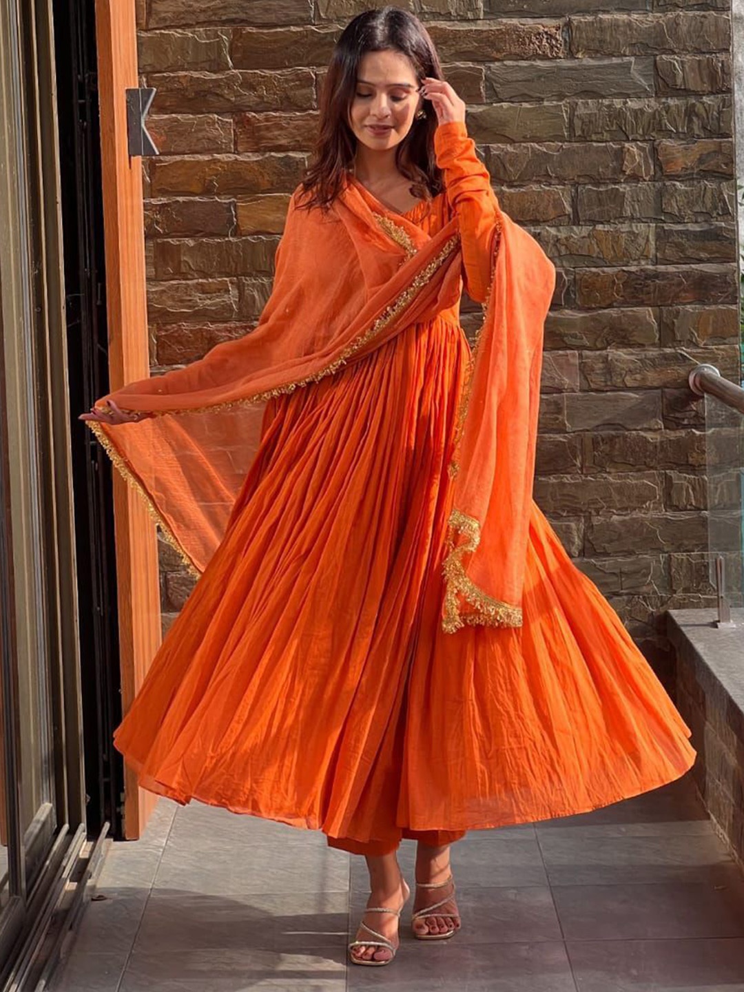 

KALINI Anarkali Kurta With Trousers And Dupatta, Orange