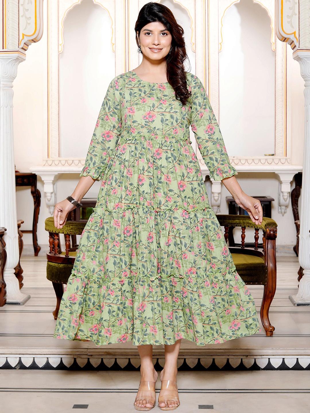 

SILAKIVA Floral Printed Gathered or Pleated Cotton A-Line Maternity Midi Dress, Green