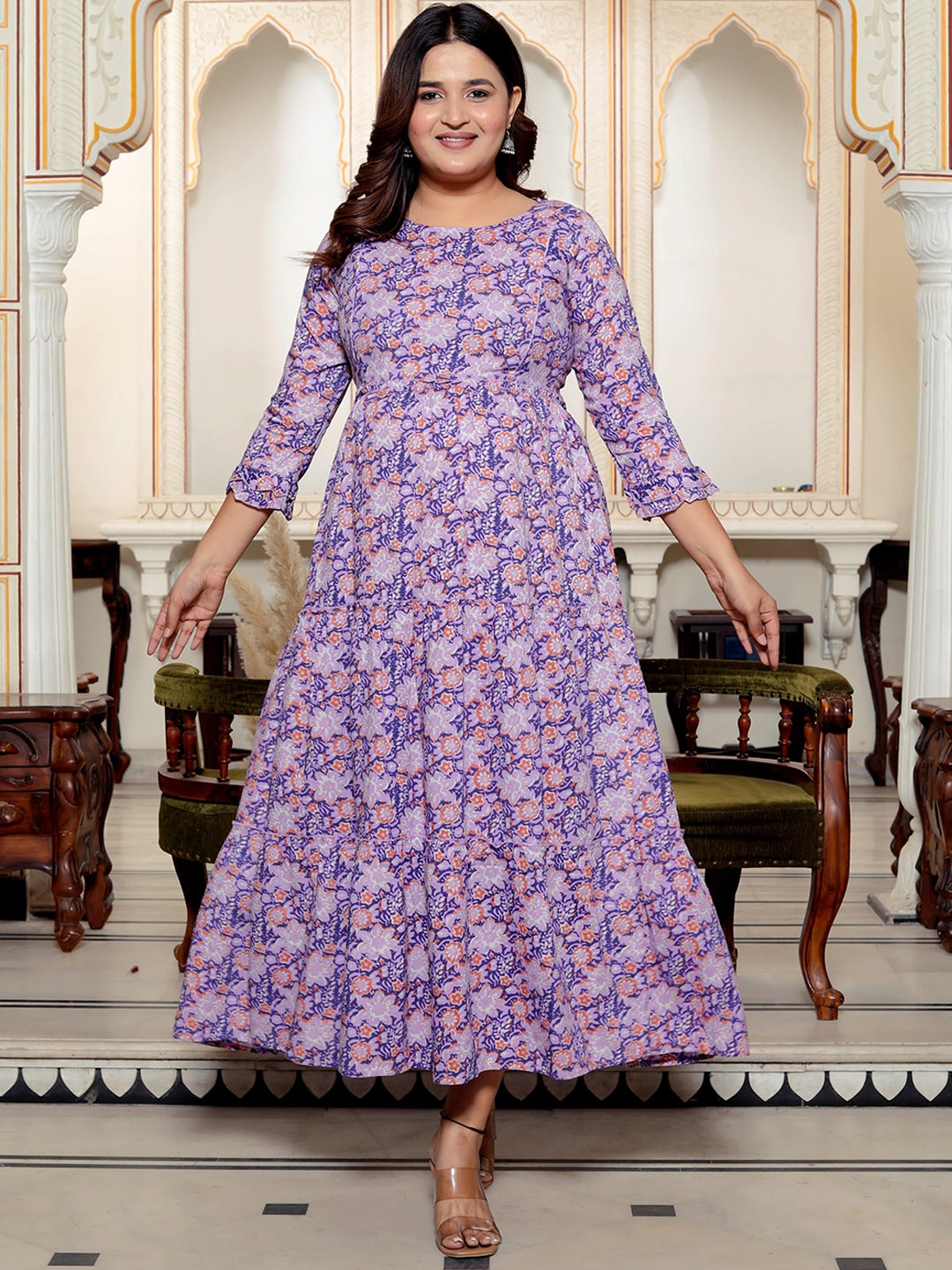 

SILAKIVA Floral Printed Round Neck Maternity Fit And Flare Dress, Purple