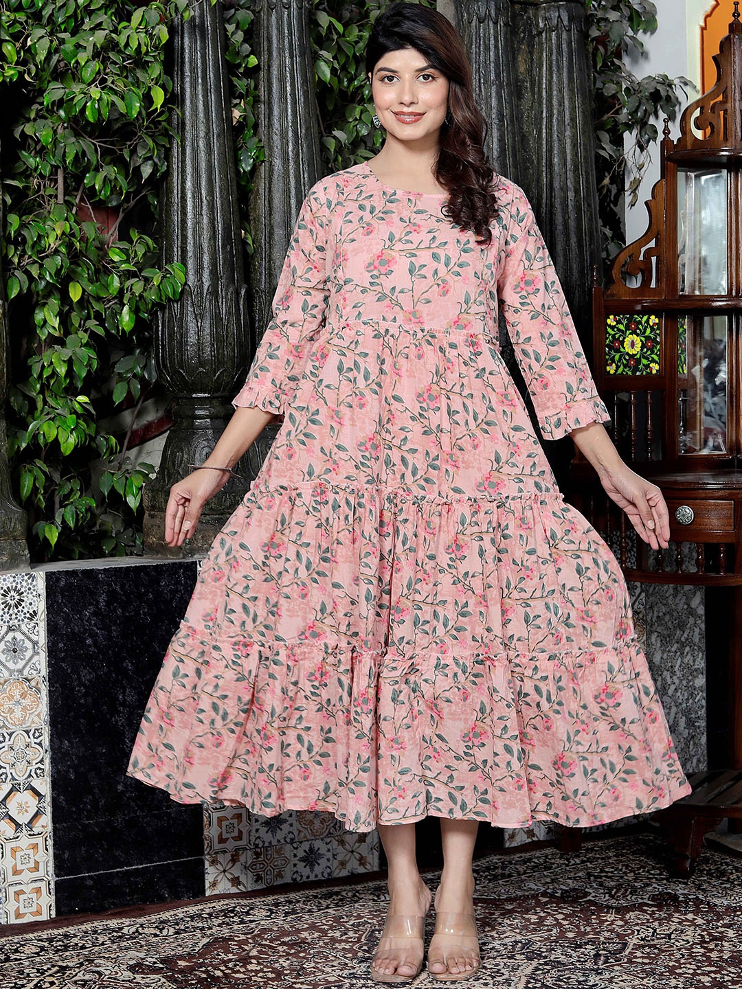 

SILAKIVA Floral Printed Round Neck Tiered Anarkali Maternity Kurta, Pink