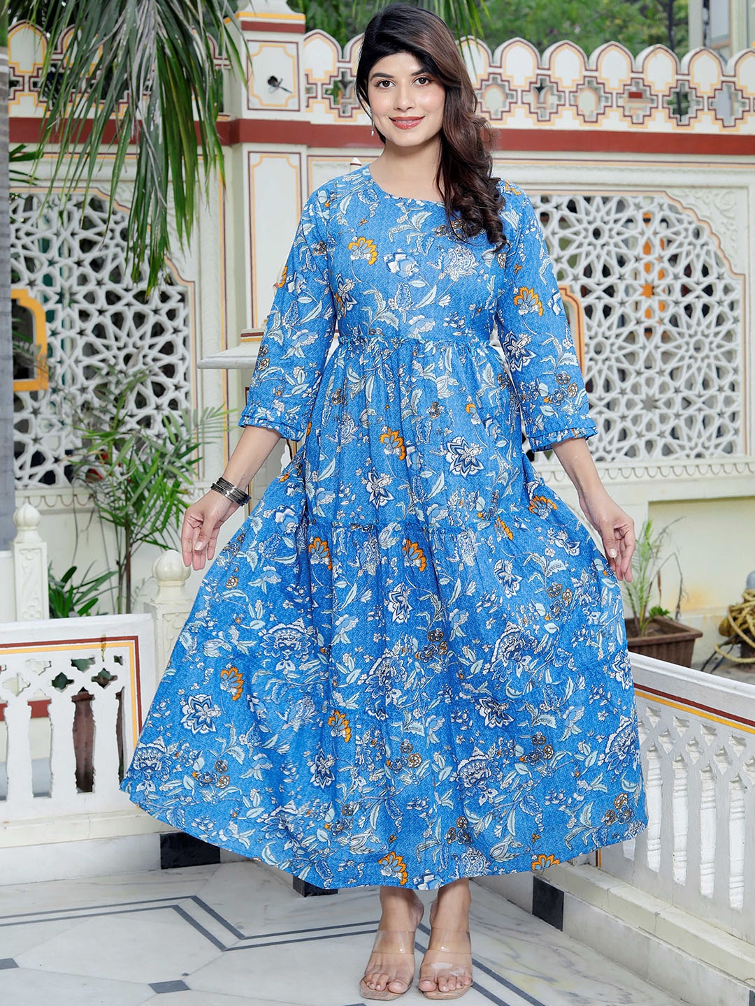 

SILAKIVA Floral Printed Round Neck Tierd Pure Cotton Anarkali Maternity Dress, Blue