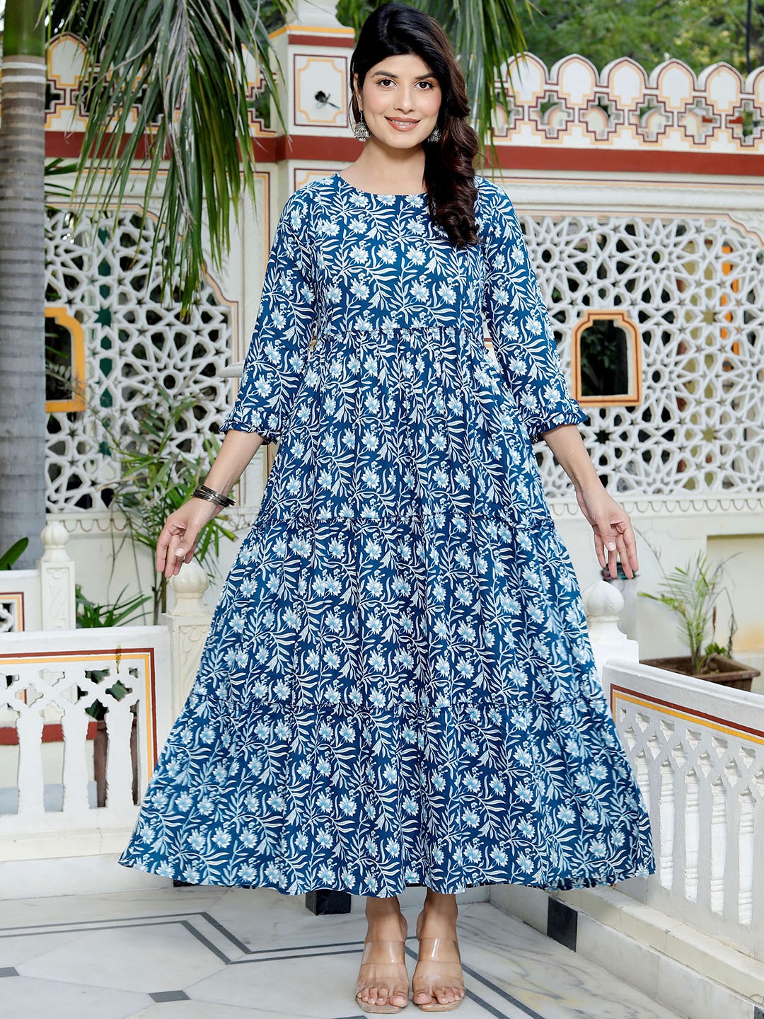 

SILAKIVA Floral Printed Round Neck Tiered Anarkali Maternity Kurta, Blue