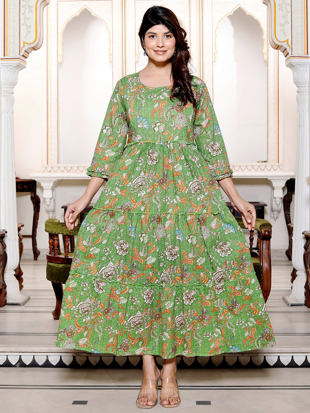 

SILAKIVA Floral Printed Round Neck Tiered Anarkali Pure Cotton Maternity Kurta, Green
