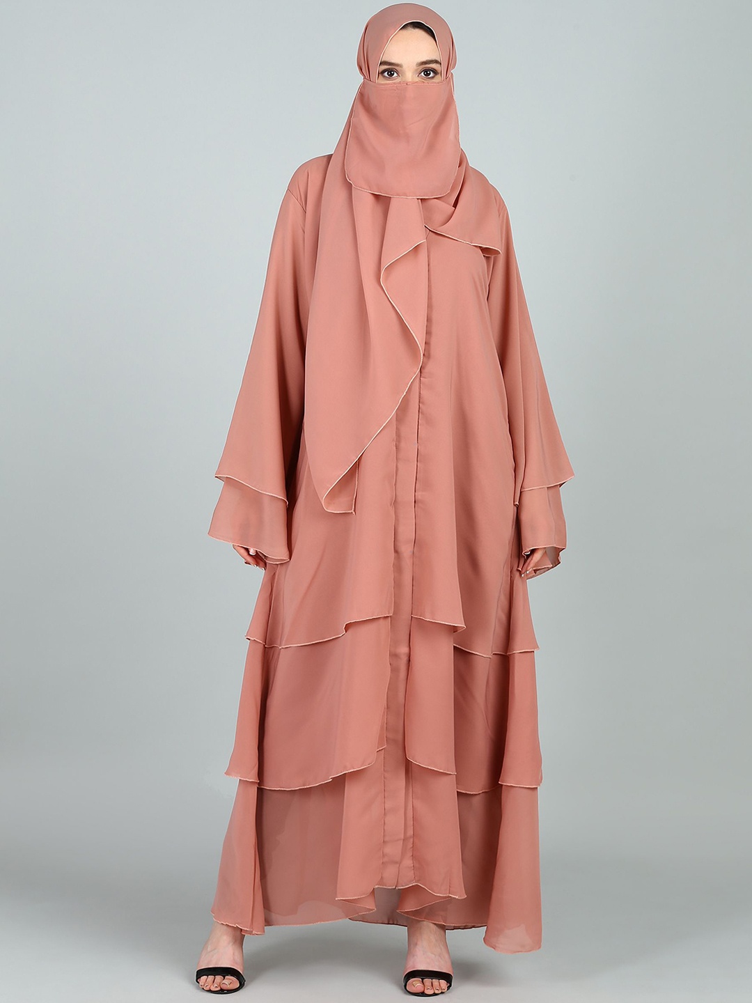 

BROKE BRAND Women Solid V-Neck Triple Layer Abaya, Peach