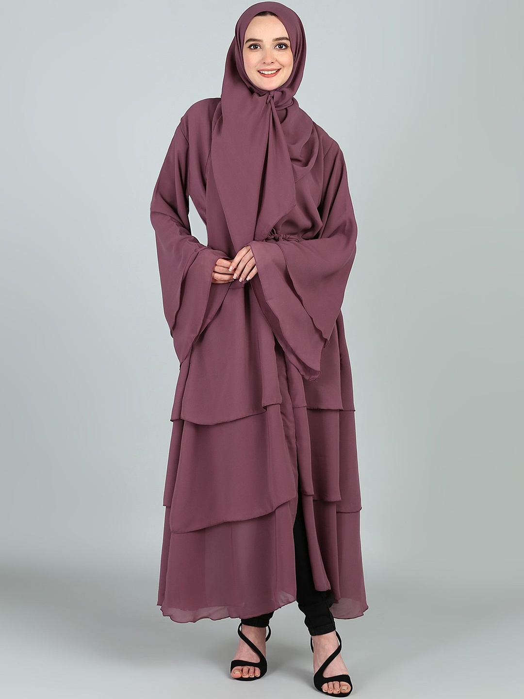 

BROKE BRAND Women Solid V-Neck Triple Layer Abaya Burqa, Mauve