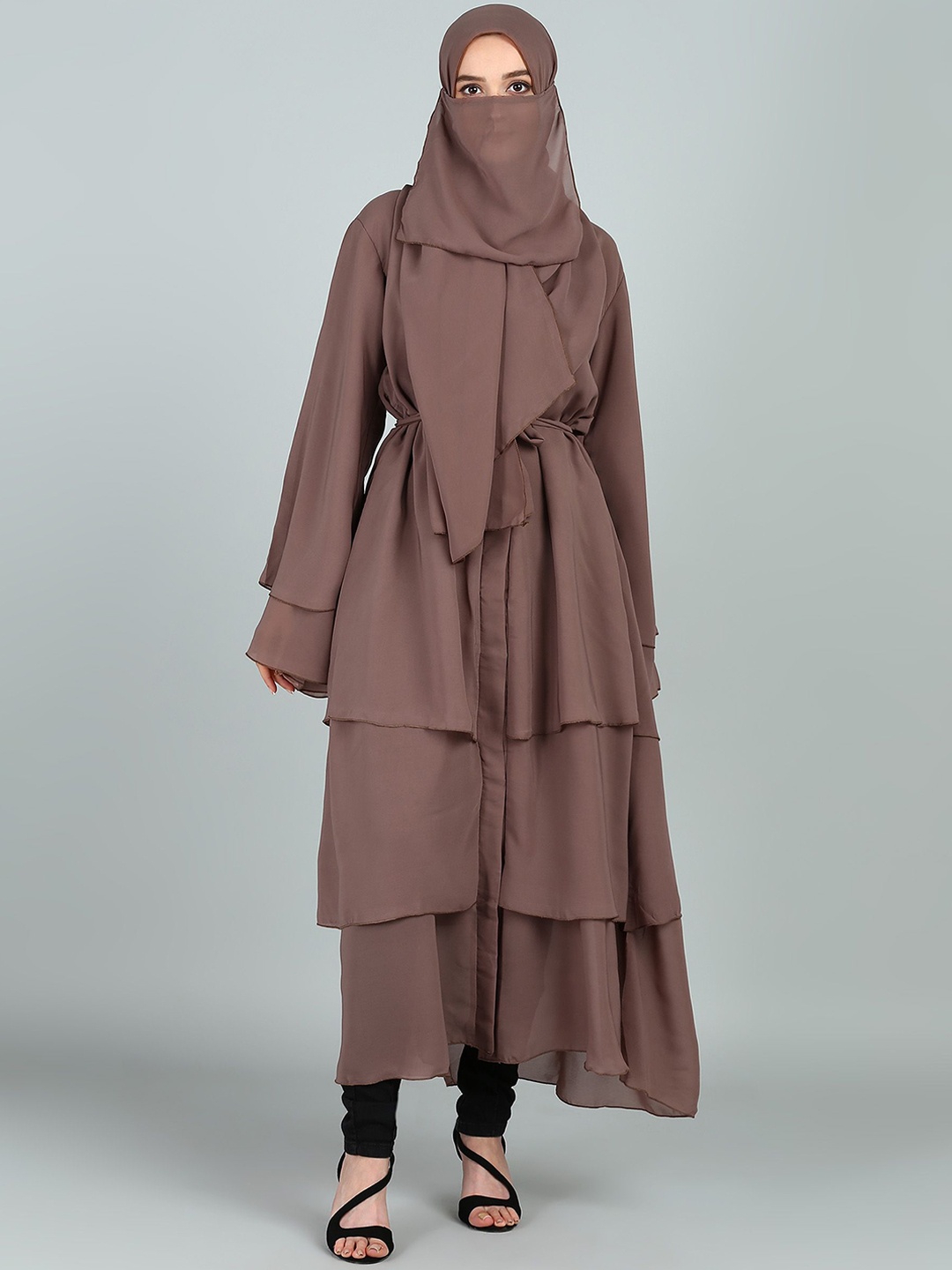 

BROKE BRAND Women Solid V-Neck Triple Layer Abaya Burqa With Scarf, Brown