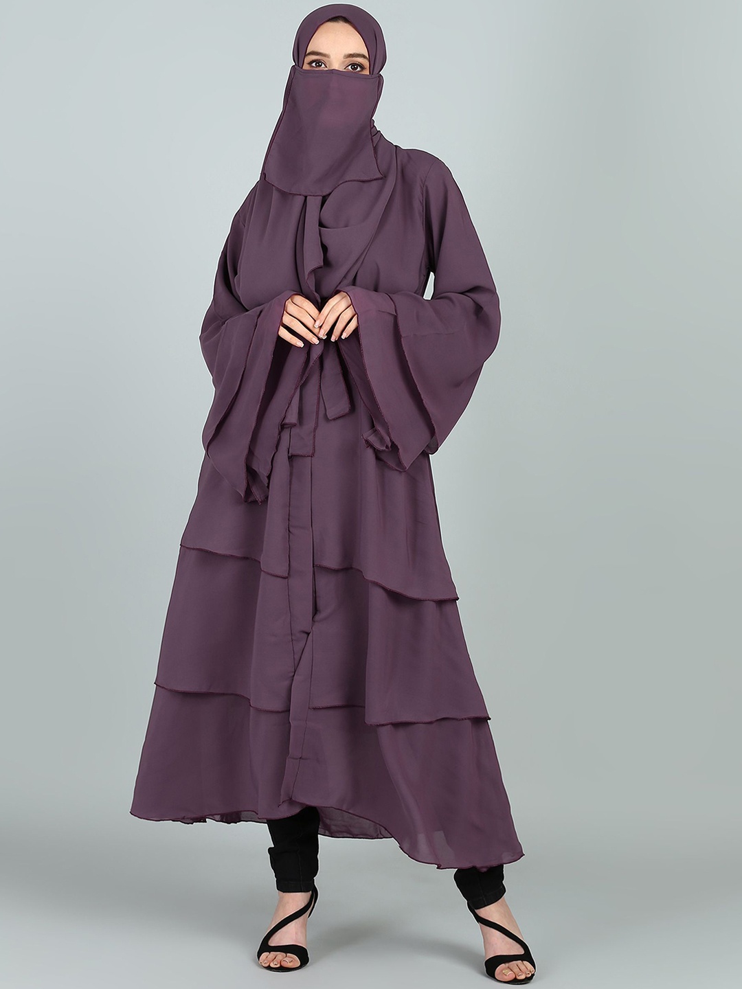 

BROKE BRAND Women Solid Triple Layer Abaya Burqa With Scarf, Purple