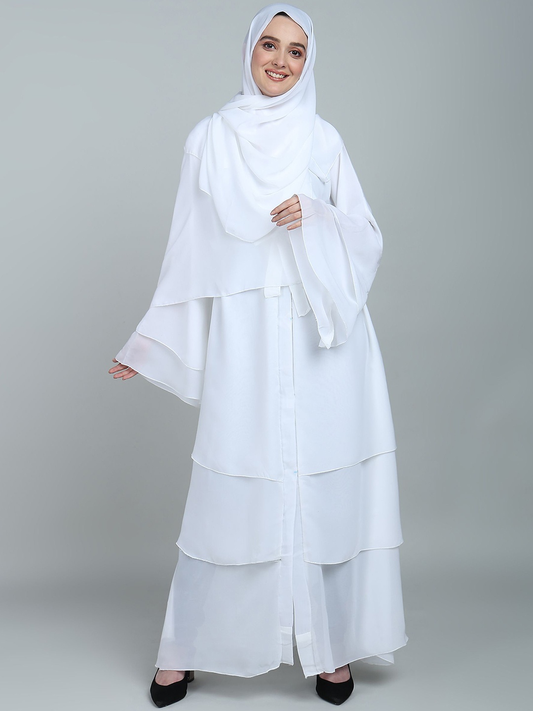 

BROKE BRAND Women Solid V-Neck Triple Layer Abaya Burqa With Scarf, White