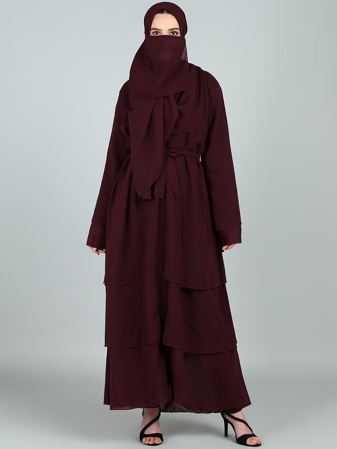 

BROKE BRAND Women Solid V-Neck Triple Layer Abaya Burqa With Scarf, Maroon