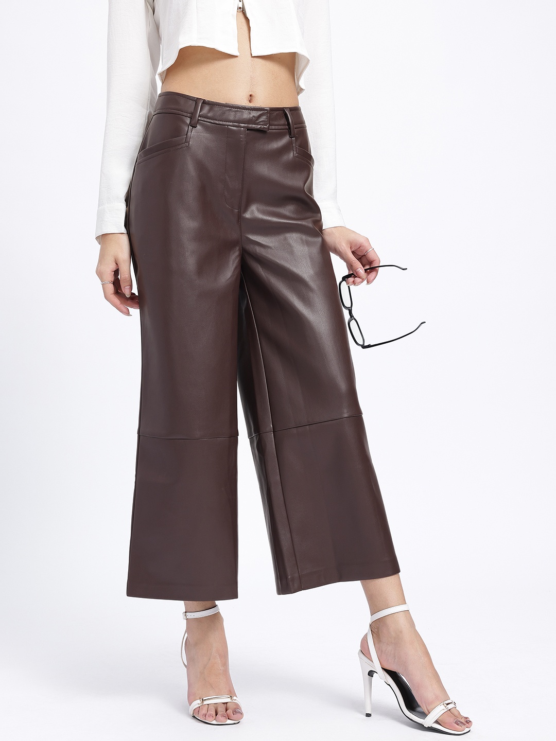 

glitchez Women Cropped Chic Faux Leather Trouser, Brown