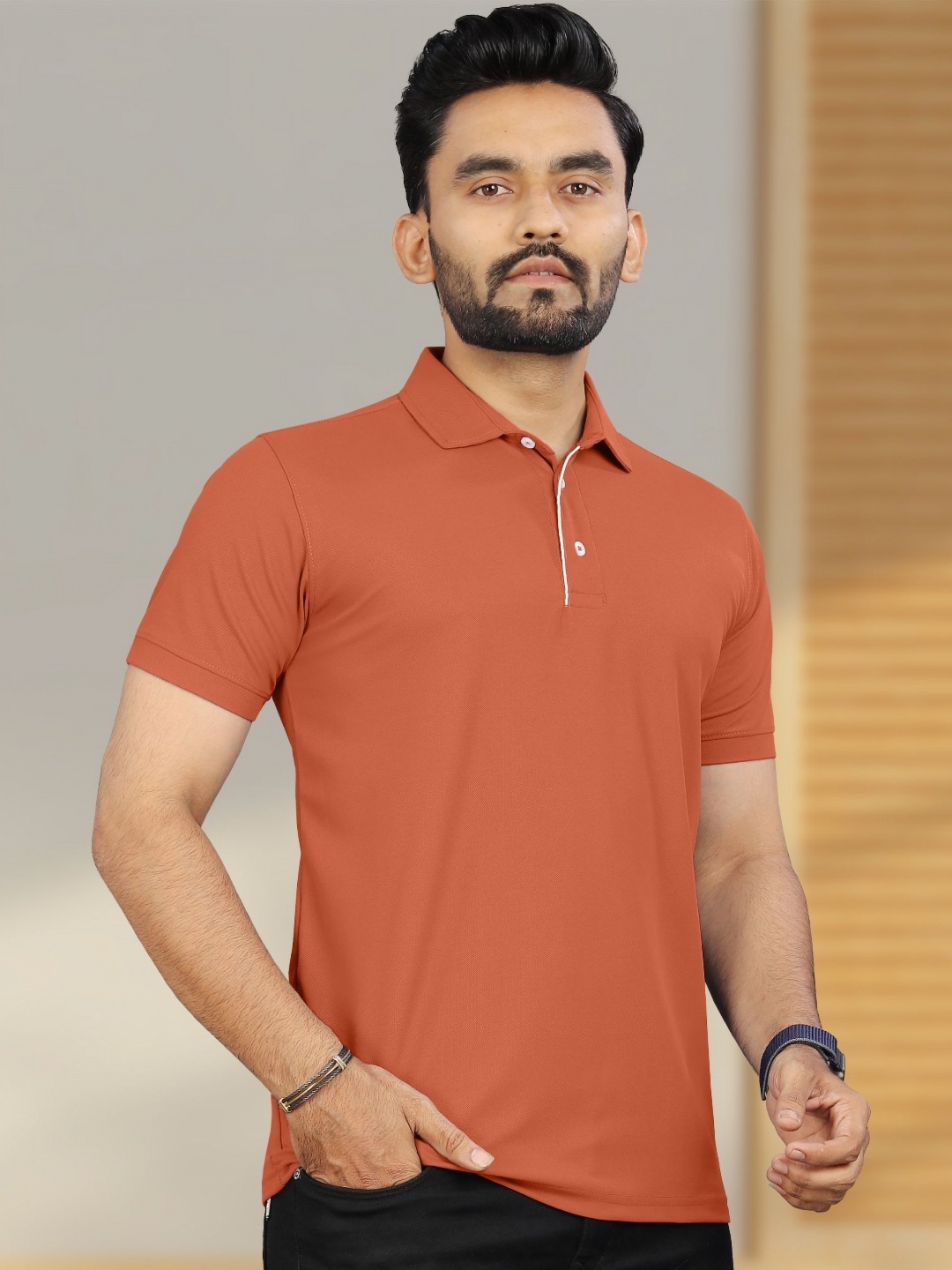 

VeBNoR Men Solid Polo Collar Short Sleeves Slim Fit Casual T-shirt, Orange