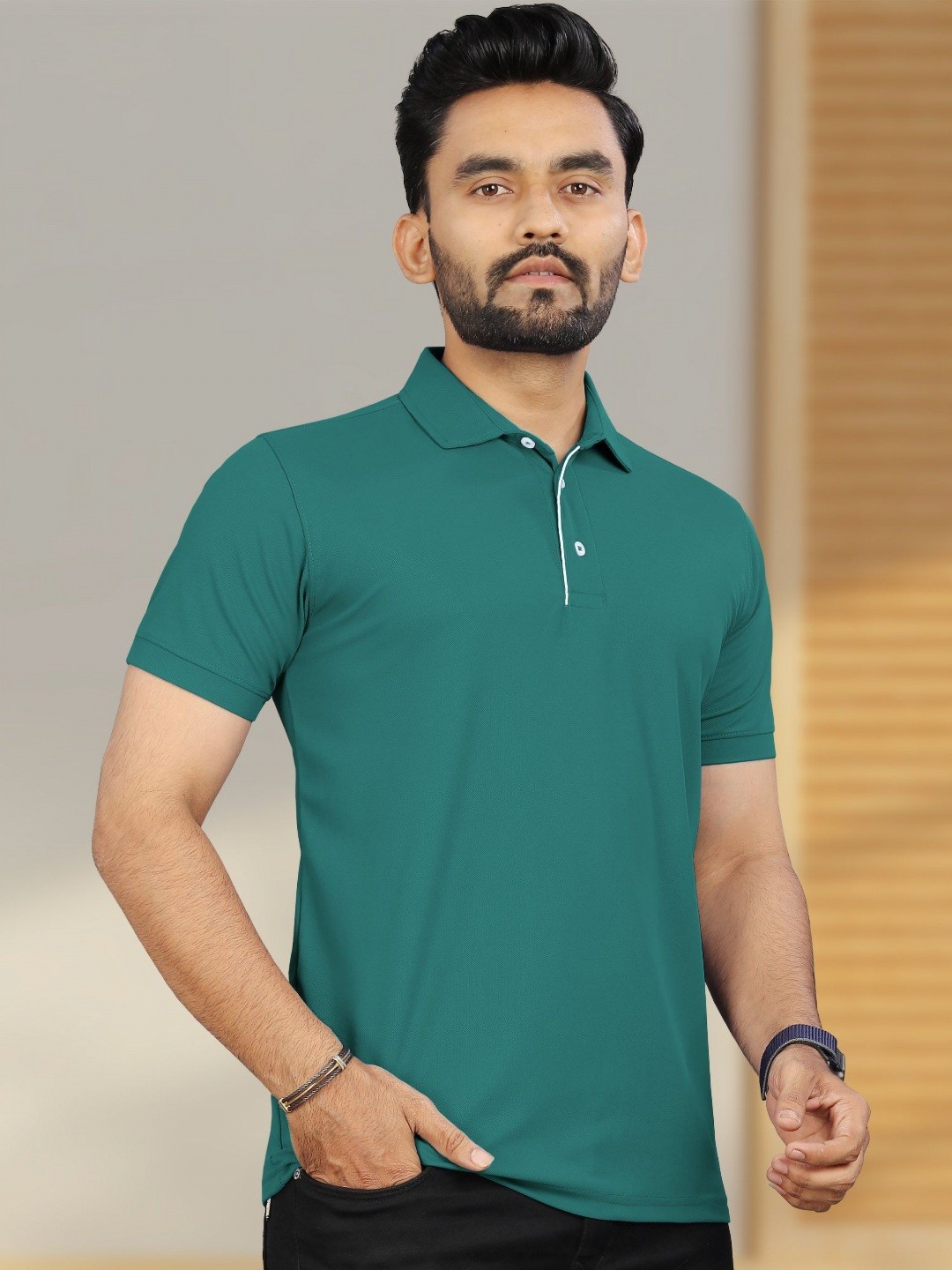 

VeBNoR Men Solid Polo Collar Short Sleeves Slim Fit Casual T-shirt, Teal