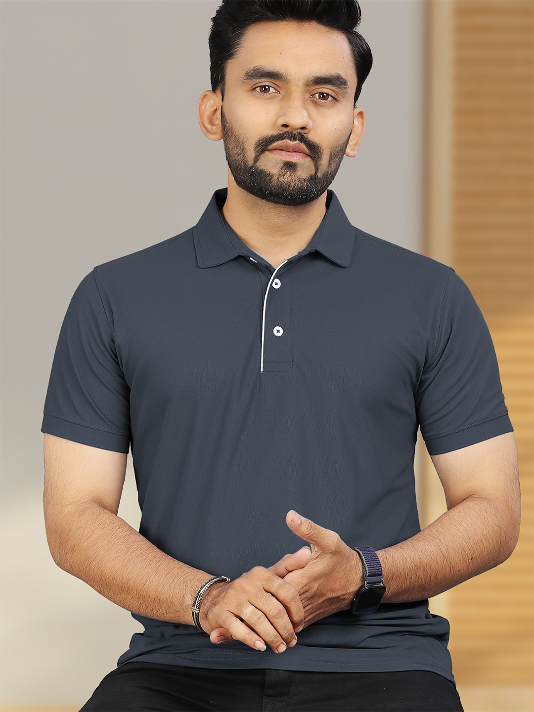 

VeBNoR Men Solid Polo Collar Short Sleeves Slim Fit Casual T-shirt, Grey