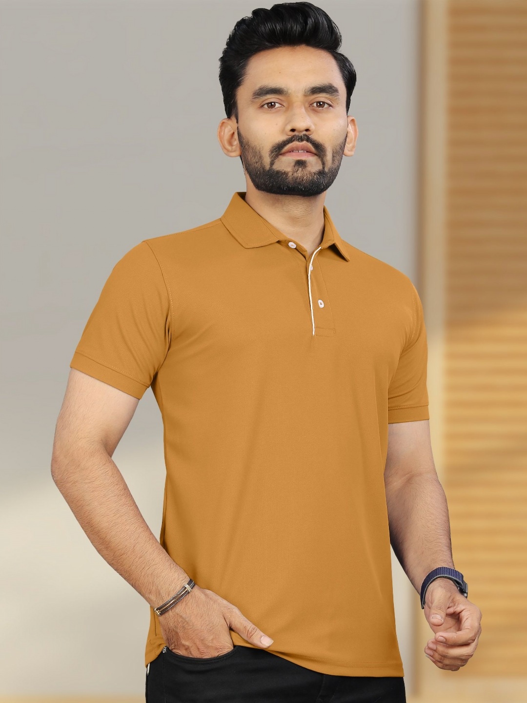 

VeBNoR Men Solid Polo Collar Short Sleeves Slim Fit Casual T-shirt, Mustard