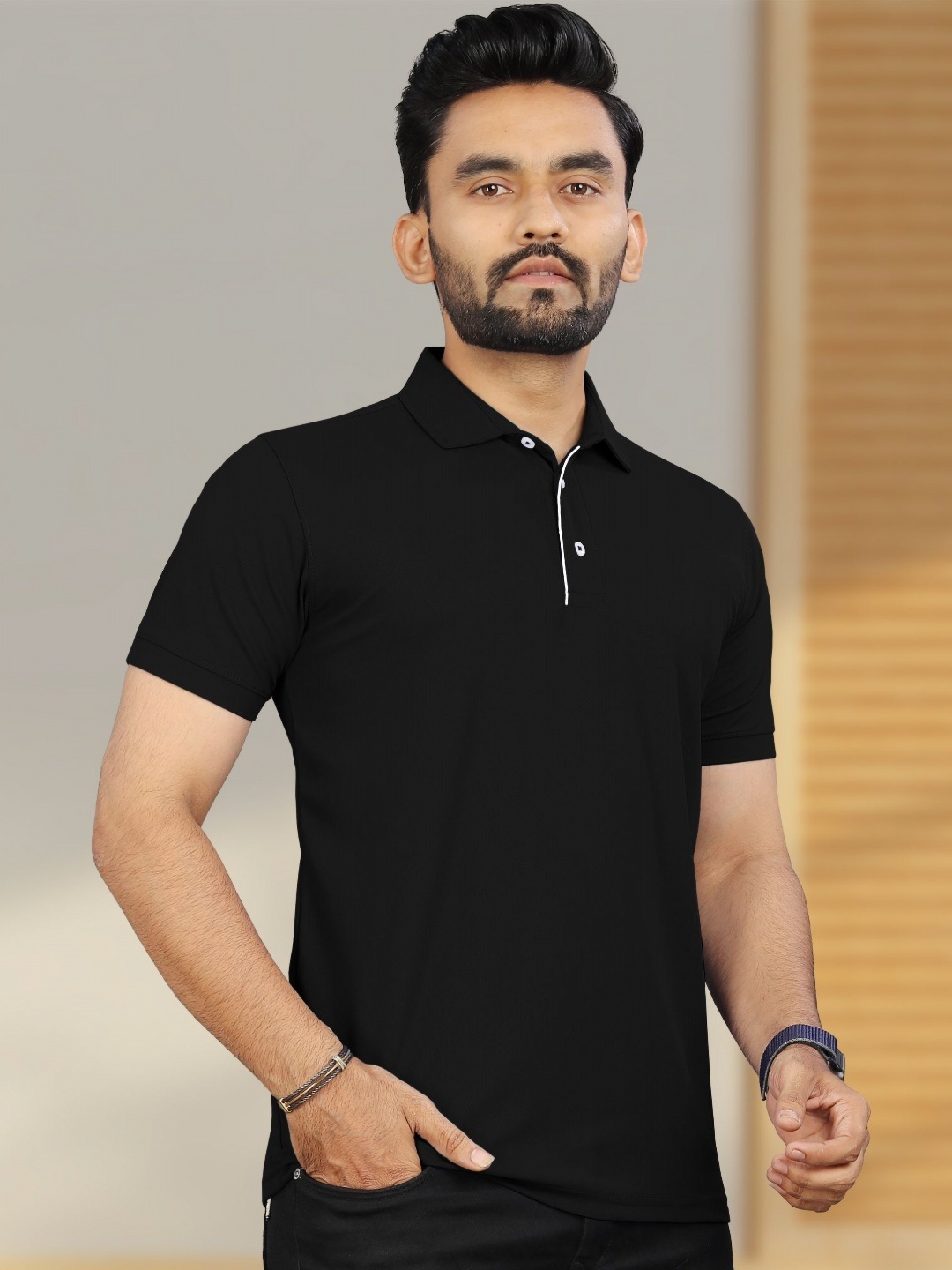 

VeBNoR Men Solid Polo Collar Short Sleeves Slim Fit Casual T-shirt, Black