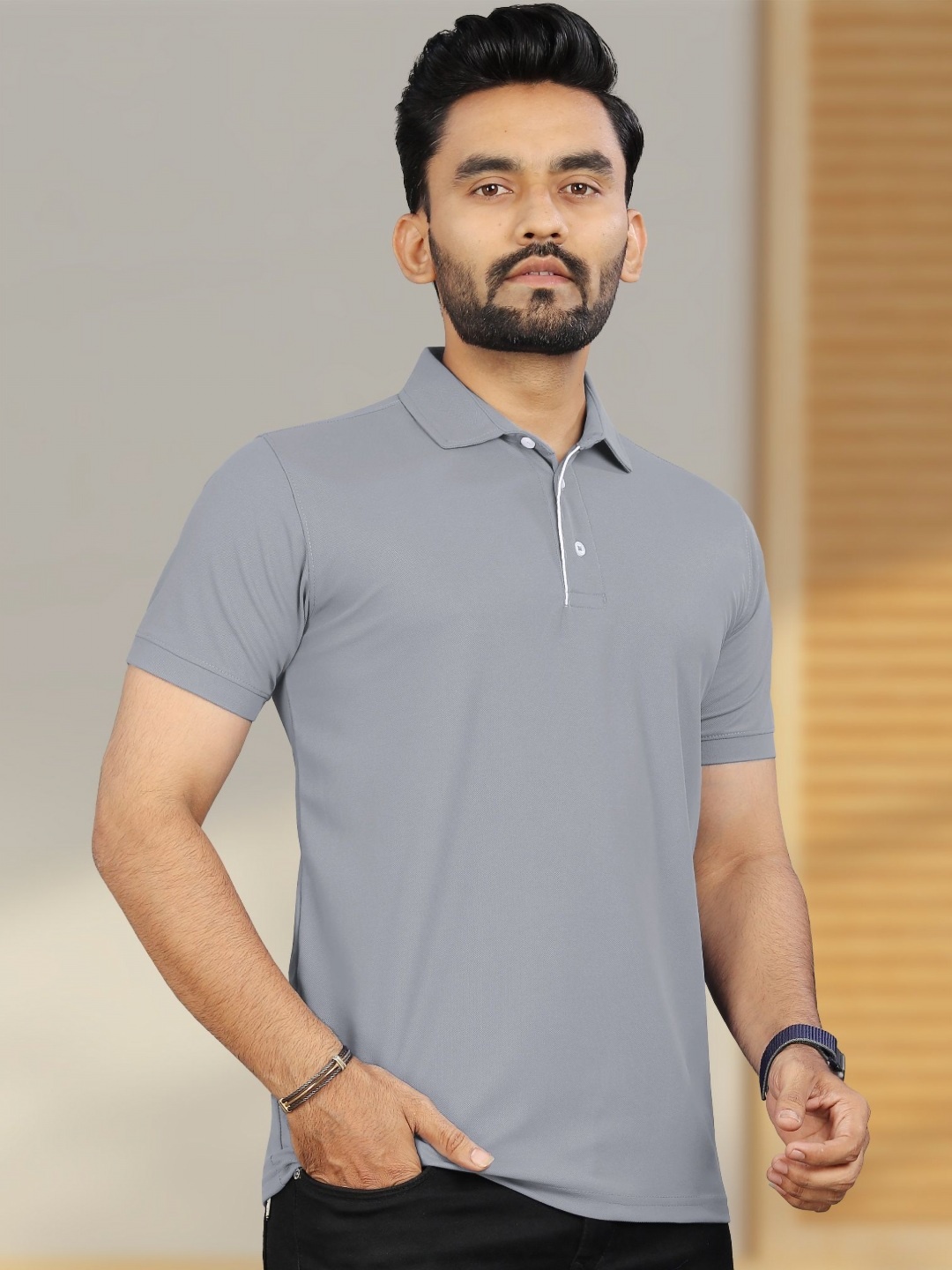 

VeBNoR Men Solid Polo Collar Short Sleeves Slim Fit Casual T-shirt, Grey