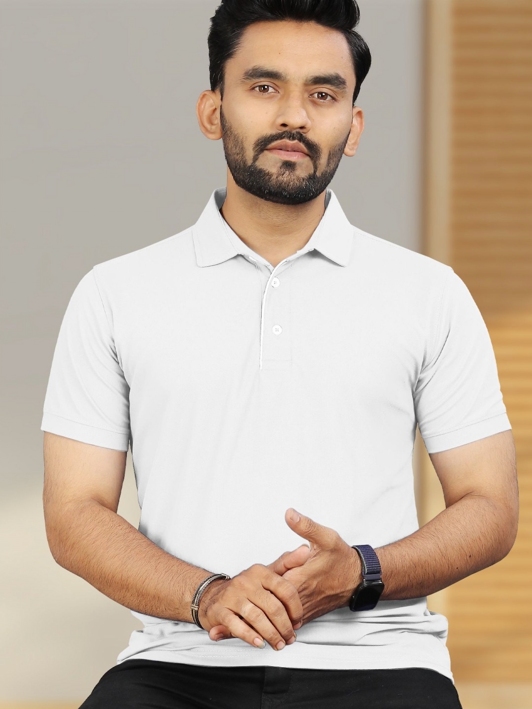 

VeBNoR Men Solid Polo Collar Short Sleeves Slim Fit Casual T-shirt, White