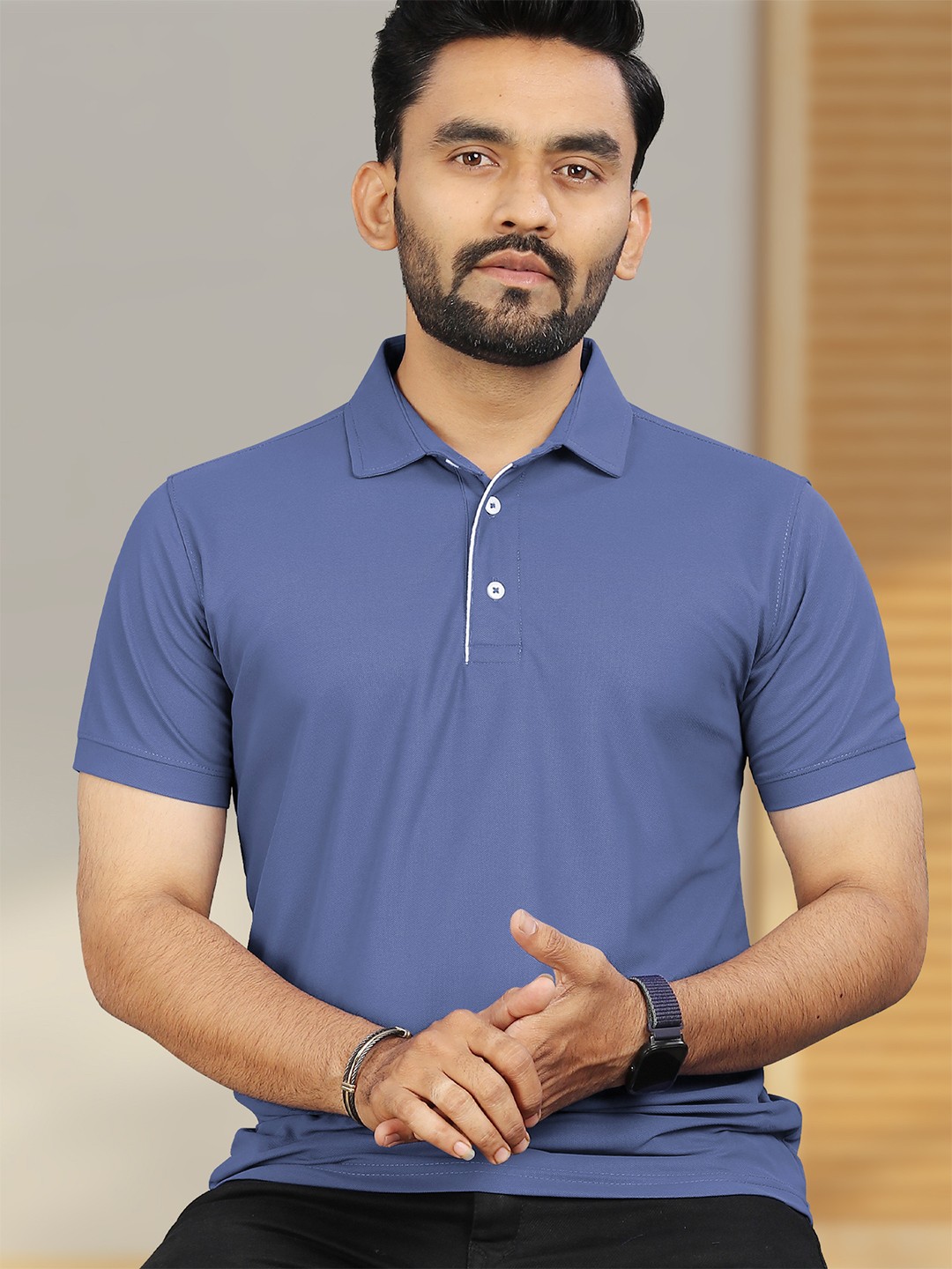 

VeBNoR Men Solid Polo Collar Short Sleeves Slim Fit Casual T-shirt, Blue