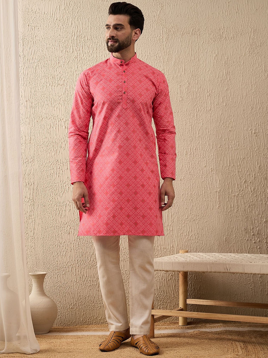 

Anouk Coral Ethnic Motifs Woven Design Mandarin Collar Long Sleeves Straight Kurta