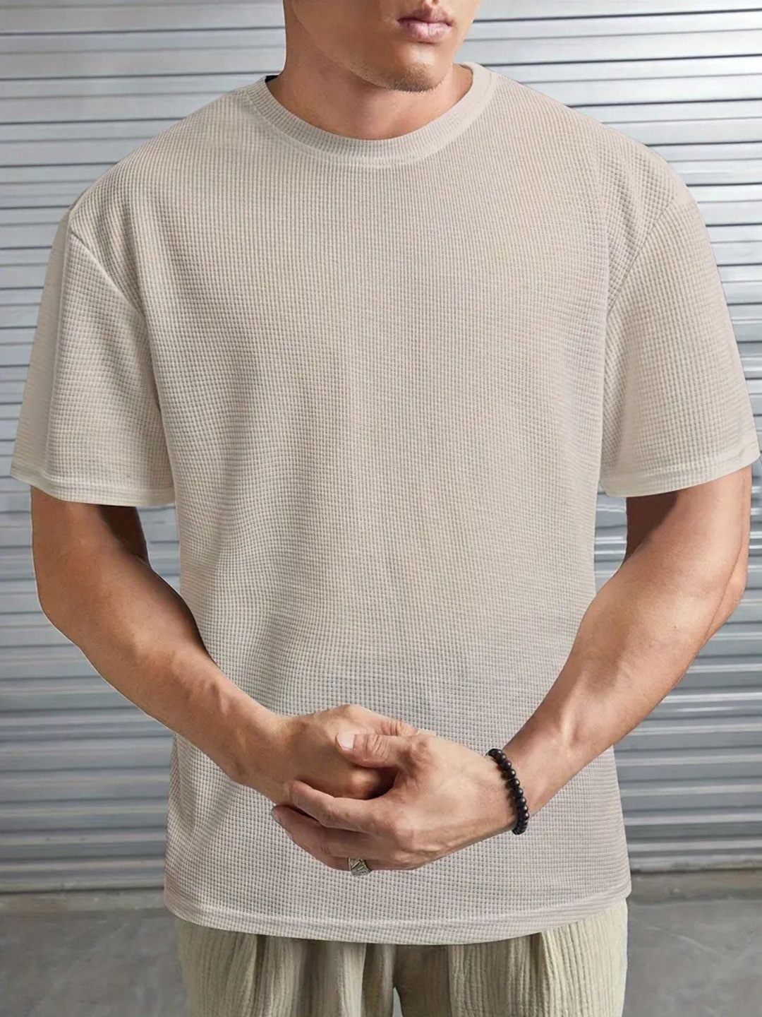 

madfrog Men Self Design Round Neck Cotton Relaxed Fit T-shirt, Beige