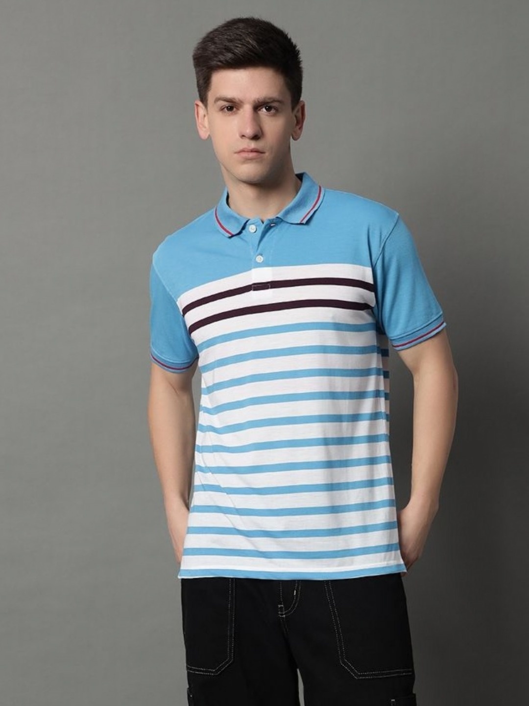 

GET GOLF Men Striped Polo Collar Cotton T-shirt, Turquoise blue