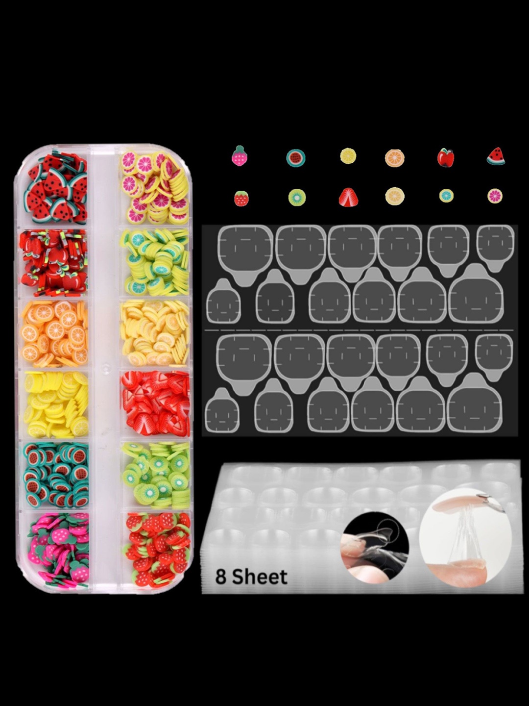 

Huda Girl Set Of 1200 Double Sided Nail Glue With 12 Styles Mixed Polymer Fruit Slices, Transparent