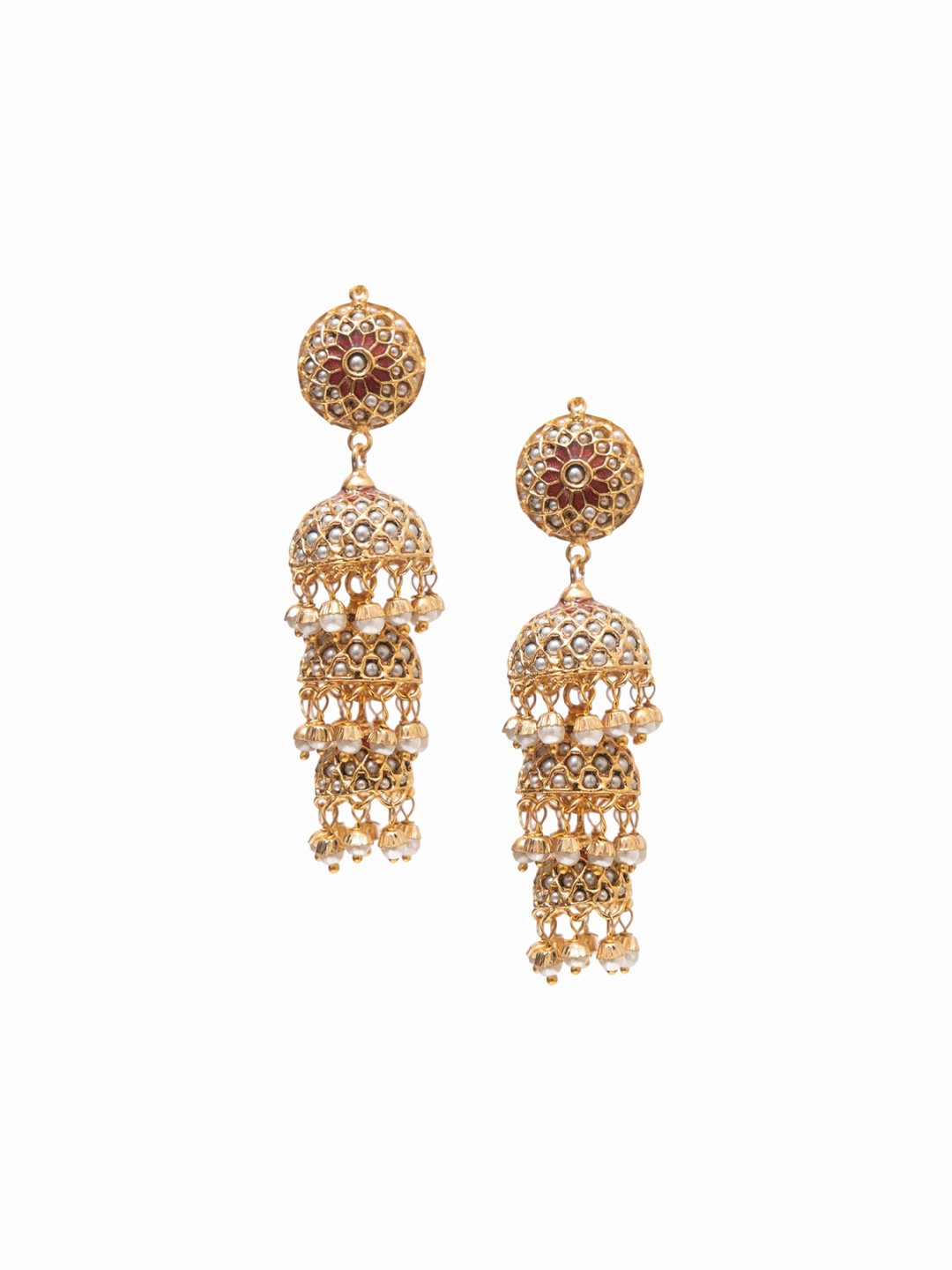 

QUEENS JEWELS Gold-Plated Pearls Studded Dome Shaped Jadau Jhumkas