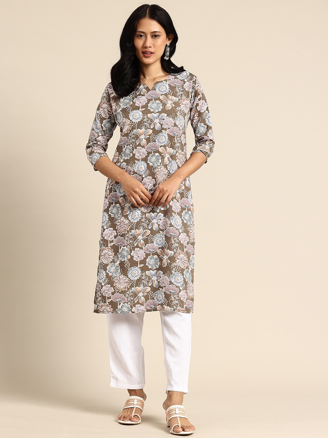 

KETAKI FASHION Floral Printed Crepe Kurta, Brown