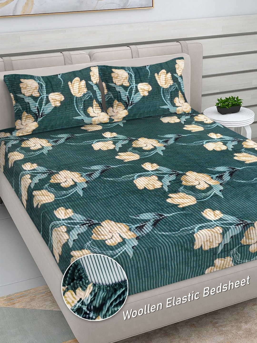 FABINALIV Green & Beige Floral Woollen 300 TC King Bedsheet Set 2.50 m x 2.25 m