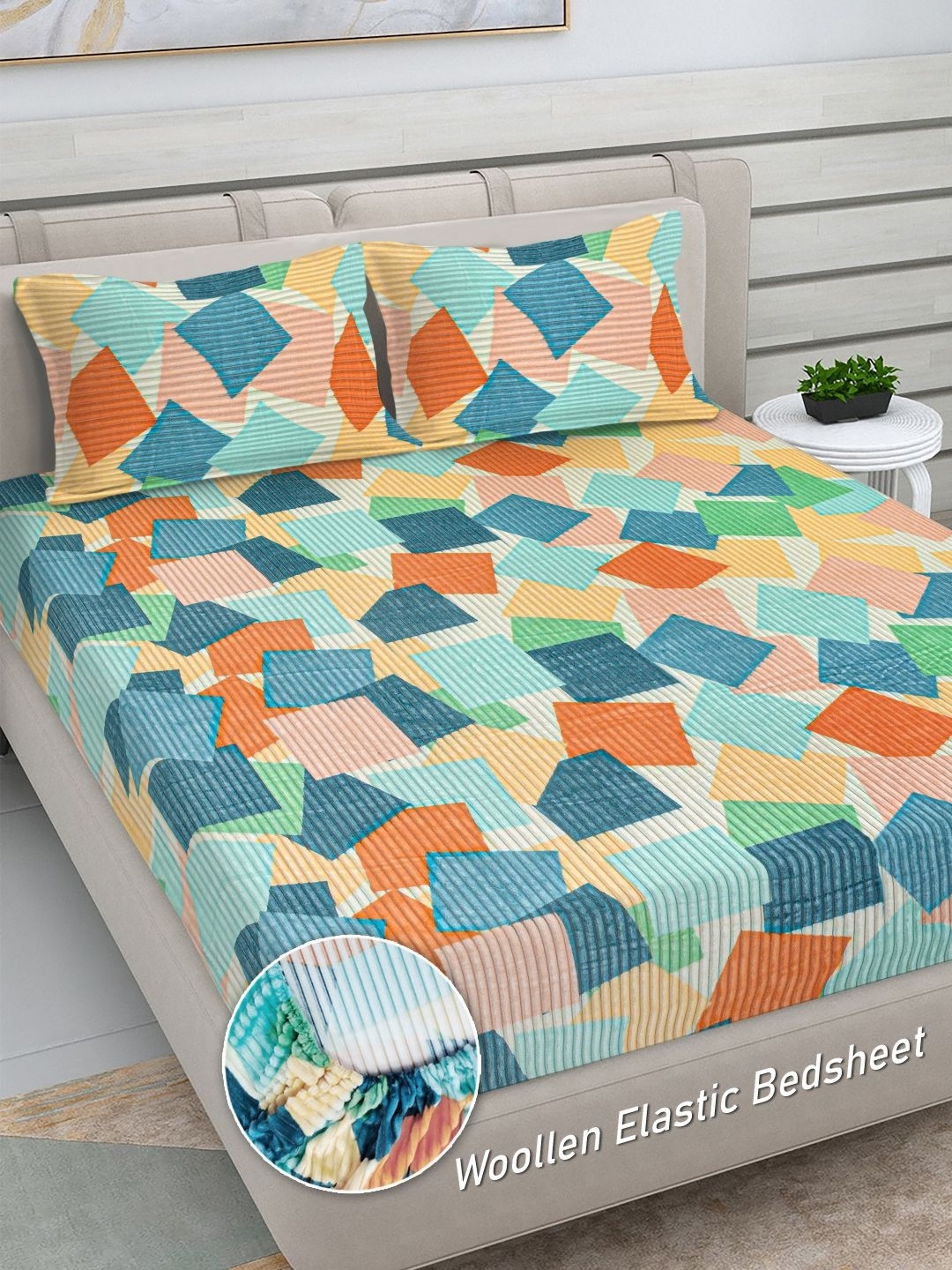 

FABINALIV Yellow & Blue Geometric Printed Woollen 300 TC King Bedsheet Set 2.25 m x 2.5 m