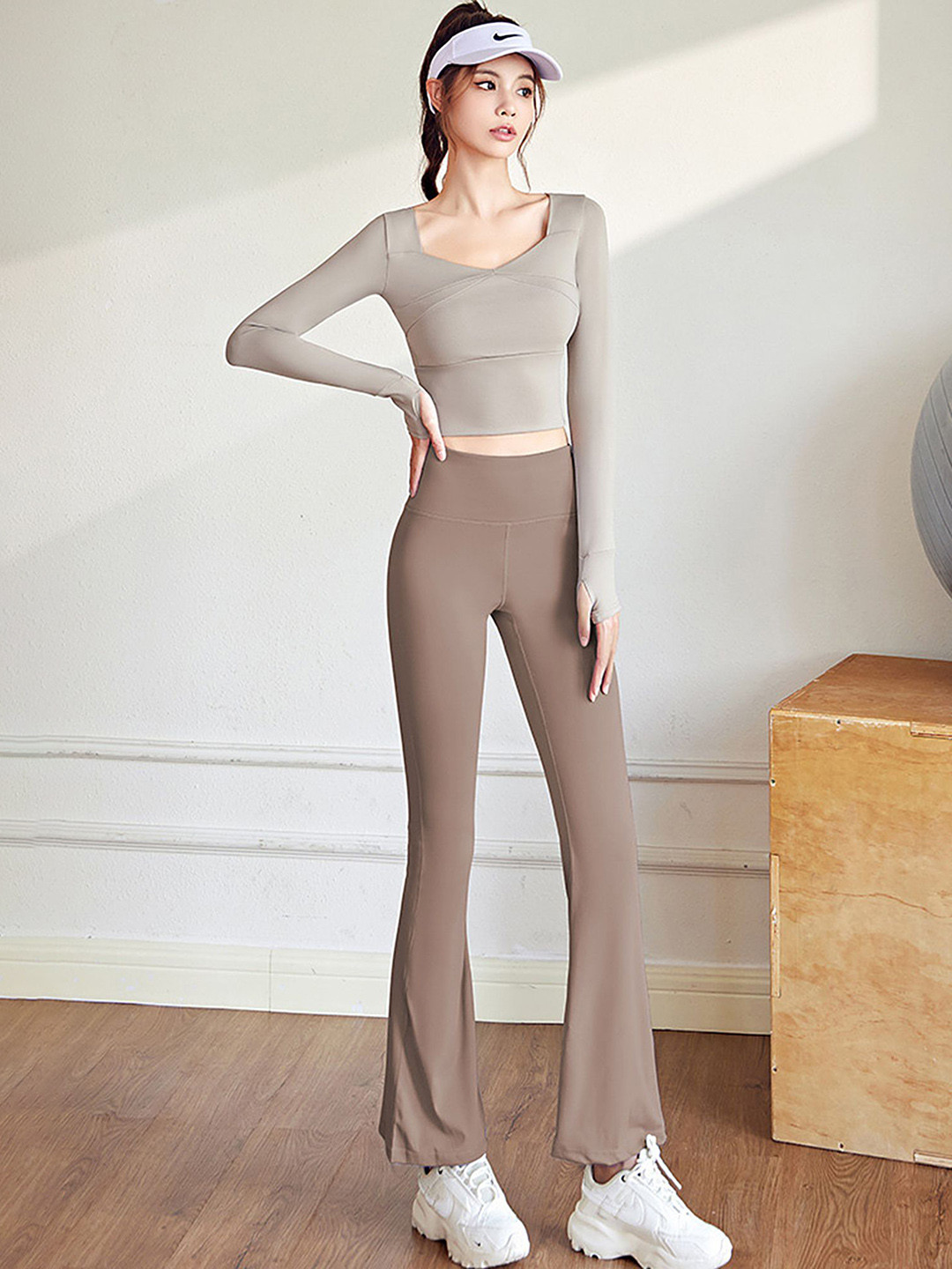 

LULU & SKY Full Sleeve Active Wear Top & Flare Trousers Co-Ords, Khaki
