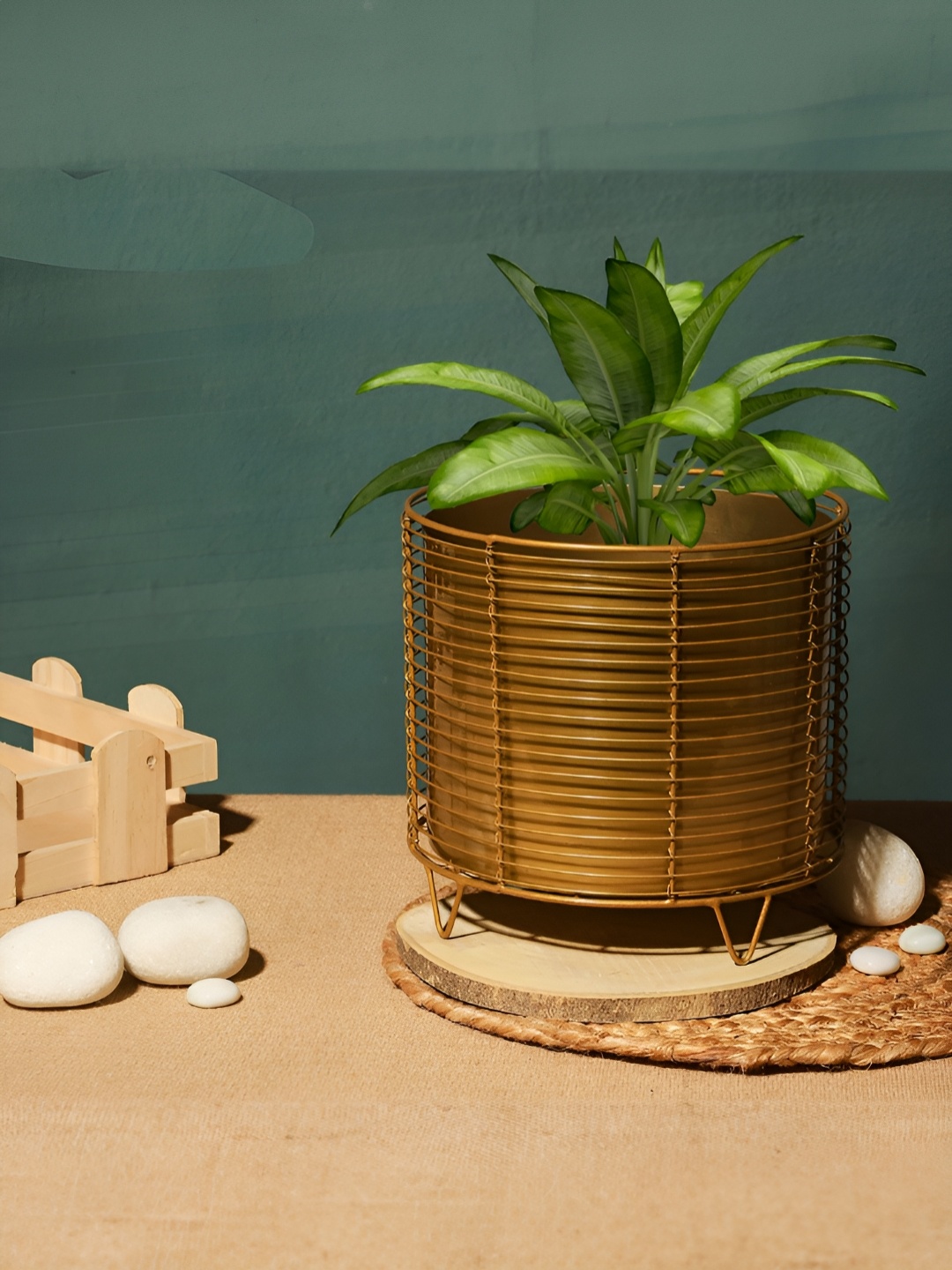 

Homspurts Gold-Toned Textured Metal Planter With Stand
