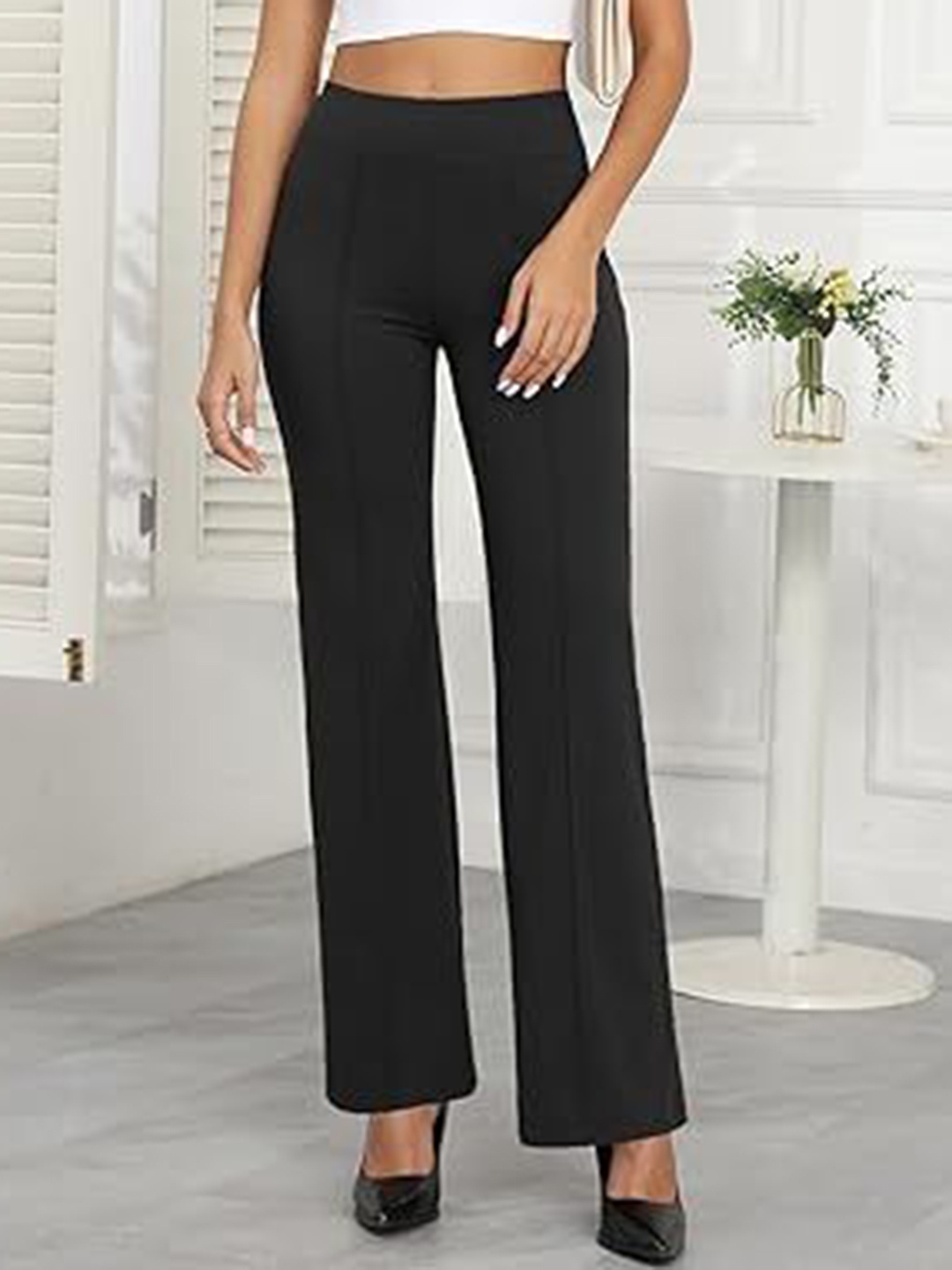 

ELEVEN Women Loose Fit Mid-Rise Cigarette Trousers, Black