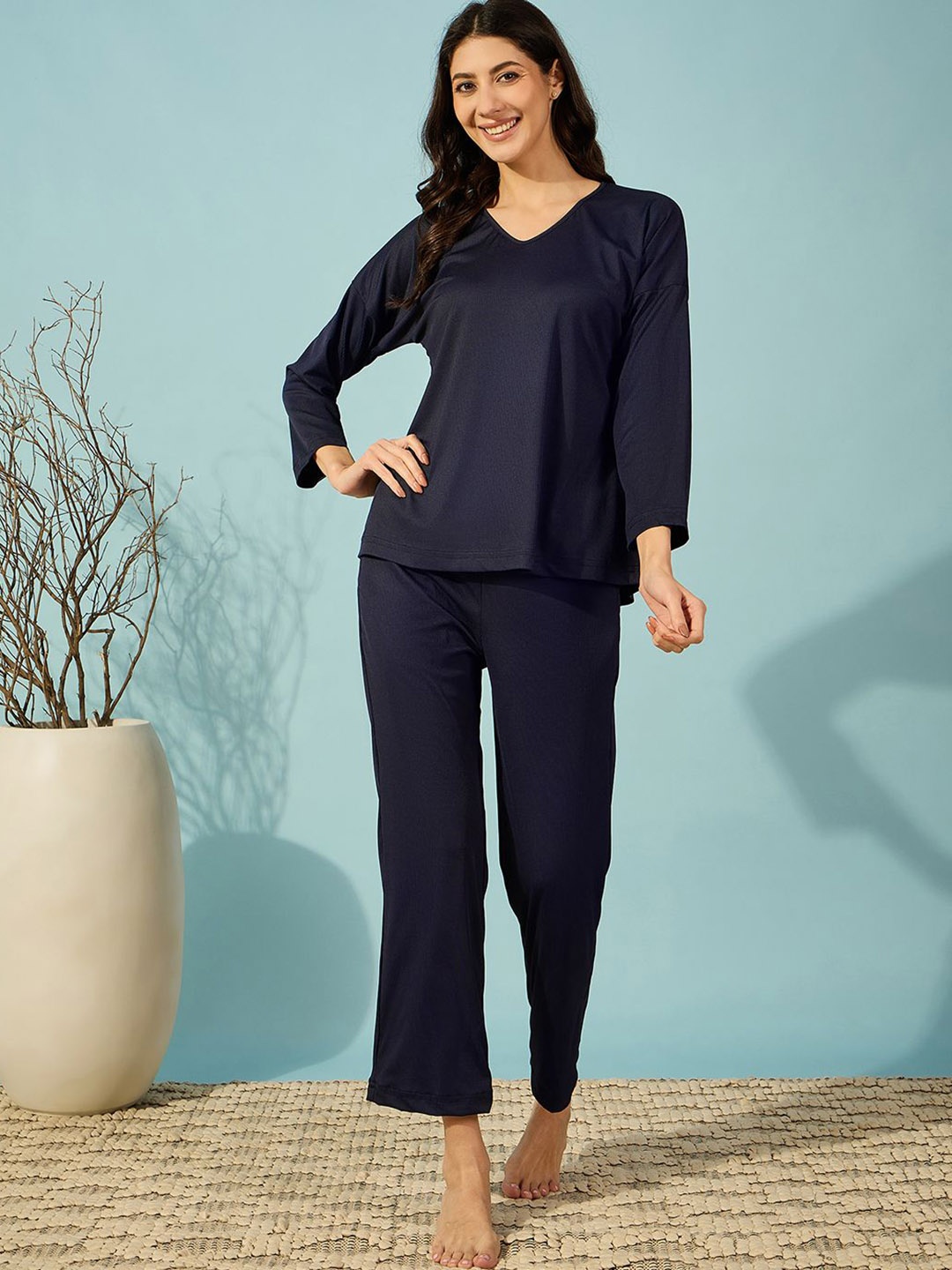 

The Kaftan Company Women V-Neck Night suit, Navy blue