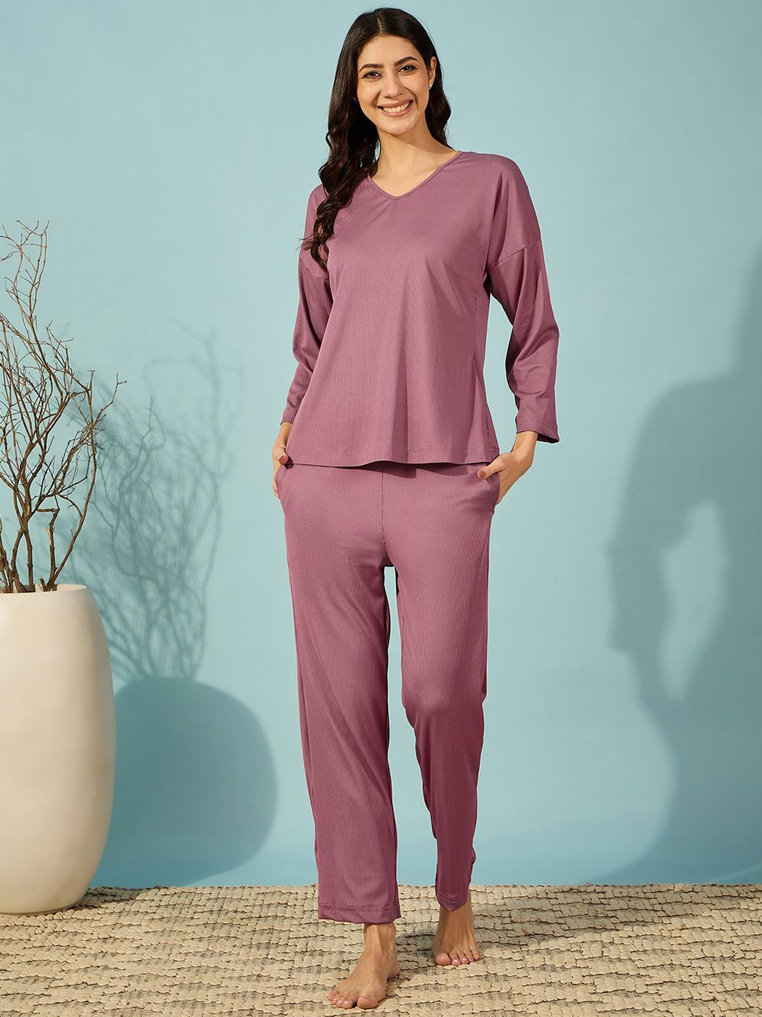 

The Kaftan Company Women V-Neck Night suit, Purple