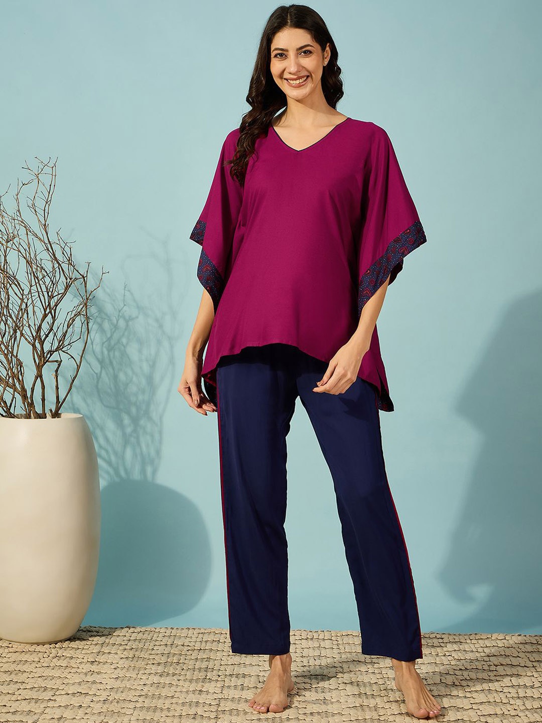 The Kaftan Company Women V-Neck Night suit, Purple