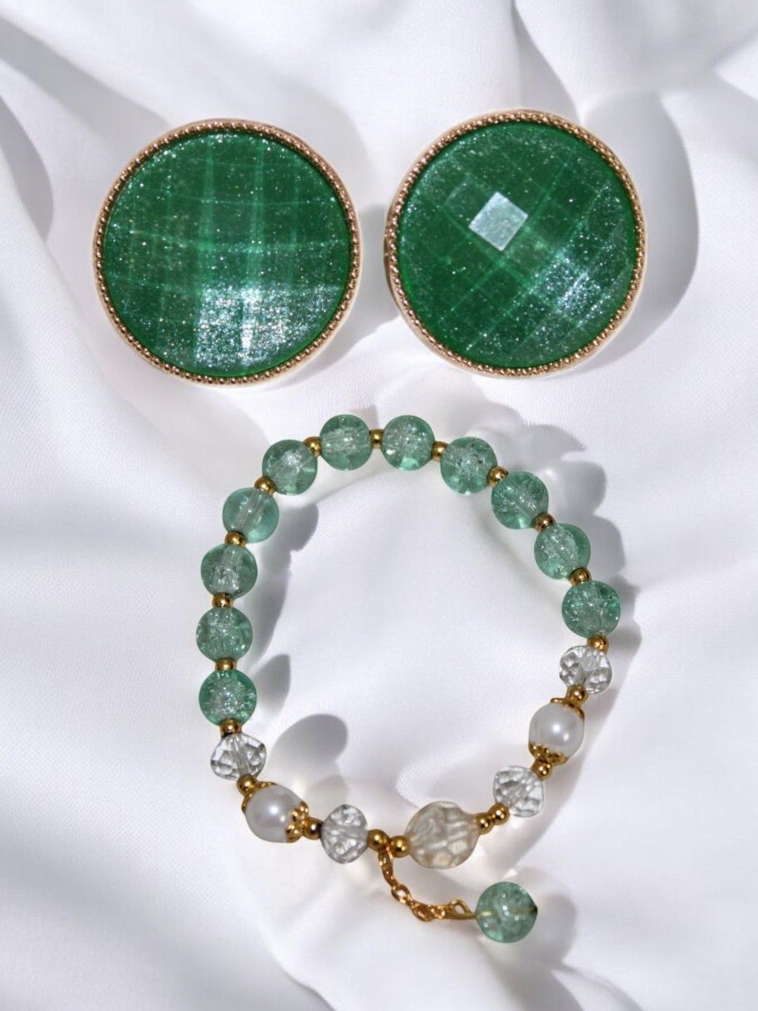 

Jolly Faces Stone Studded & Beaded Bracelet With Earrings Set, Gold