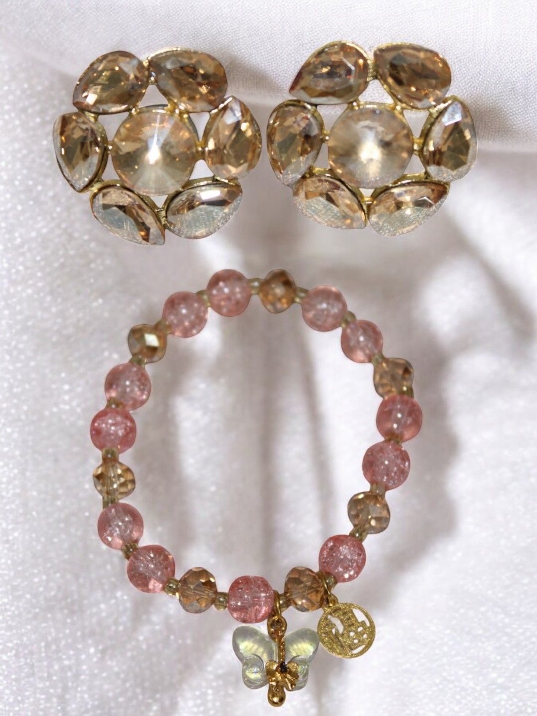 

Jolly Faces Stone Studded & Beaded Bracelet With Earrings Set, Gold