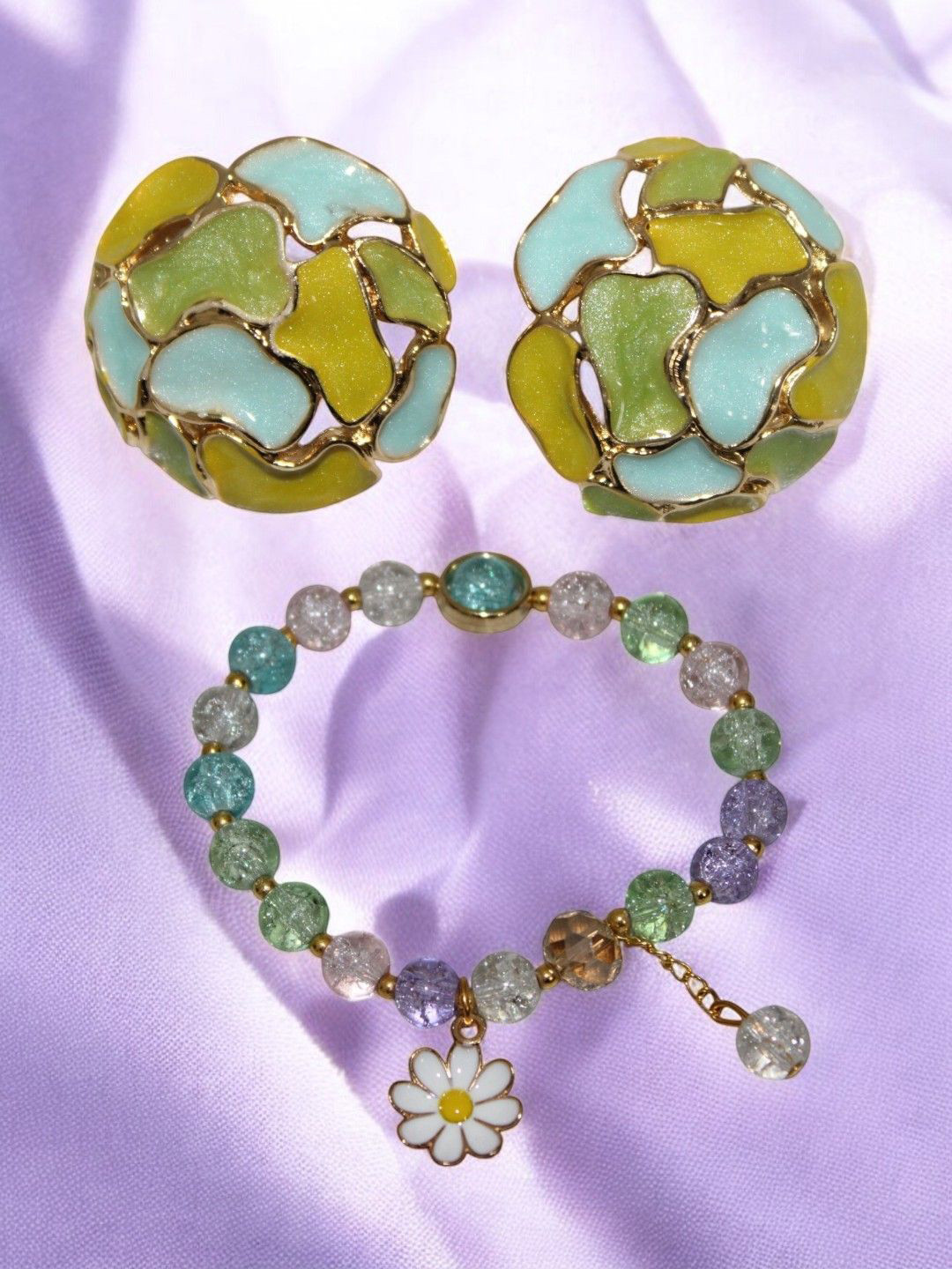 

Jolly Faces Stone Studded & Beaded Bracelet With Earrings Set, Gold