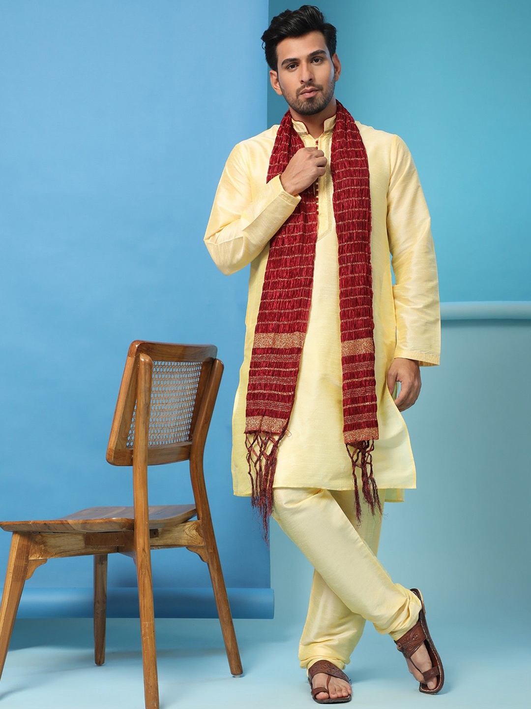 

Moda Rapido Mandarin Collar Gotta Patti Straight Kurta With Churidar And Dupatta, Yellow