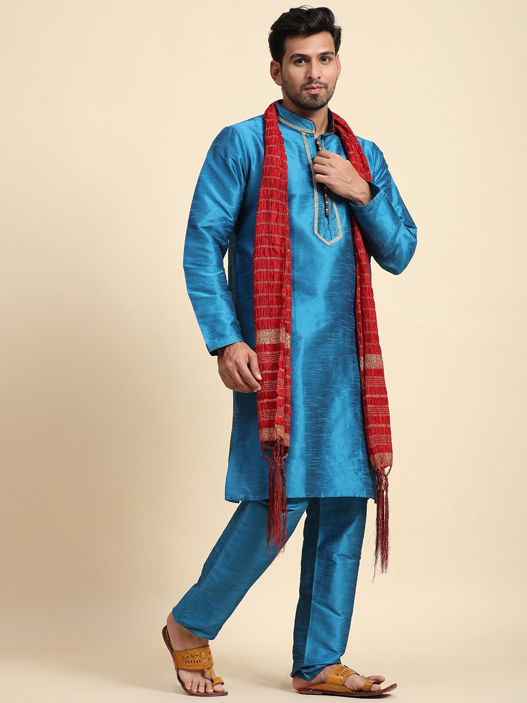 

Moda Rapido Mandarin Collar Gotta Patti Straight Kurta With Churidar And Dupatta, Blue