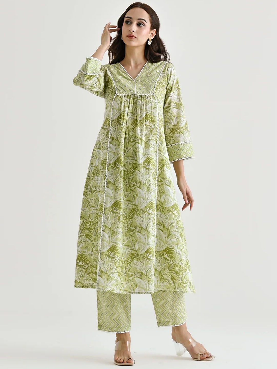 

SANJANA SILK Women Floral Printed Regular Beads and Stones Kurta with Trousers, Lime green