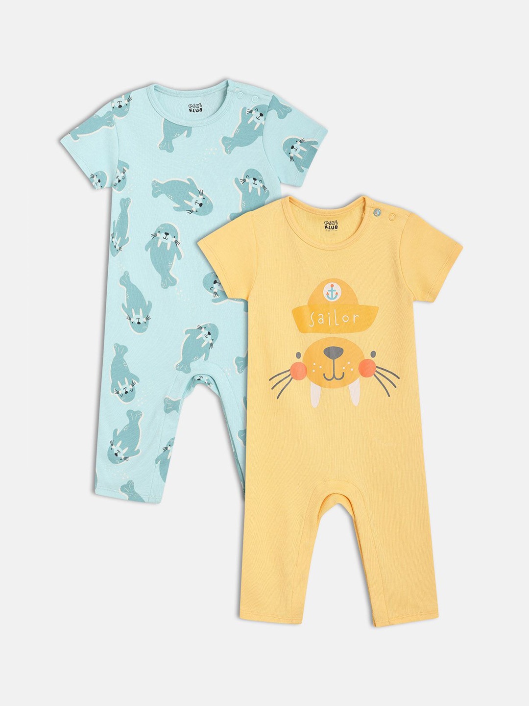 

MINI KLUB Boys Pack Of 2 Printed Pure Cotton Rompers, Yellow