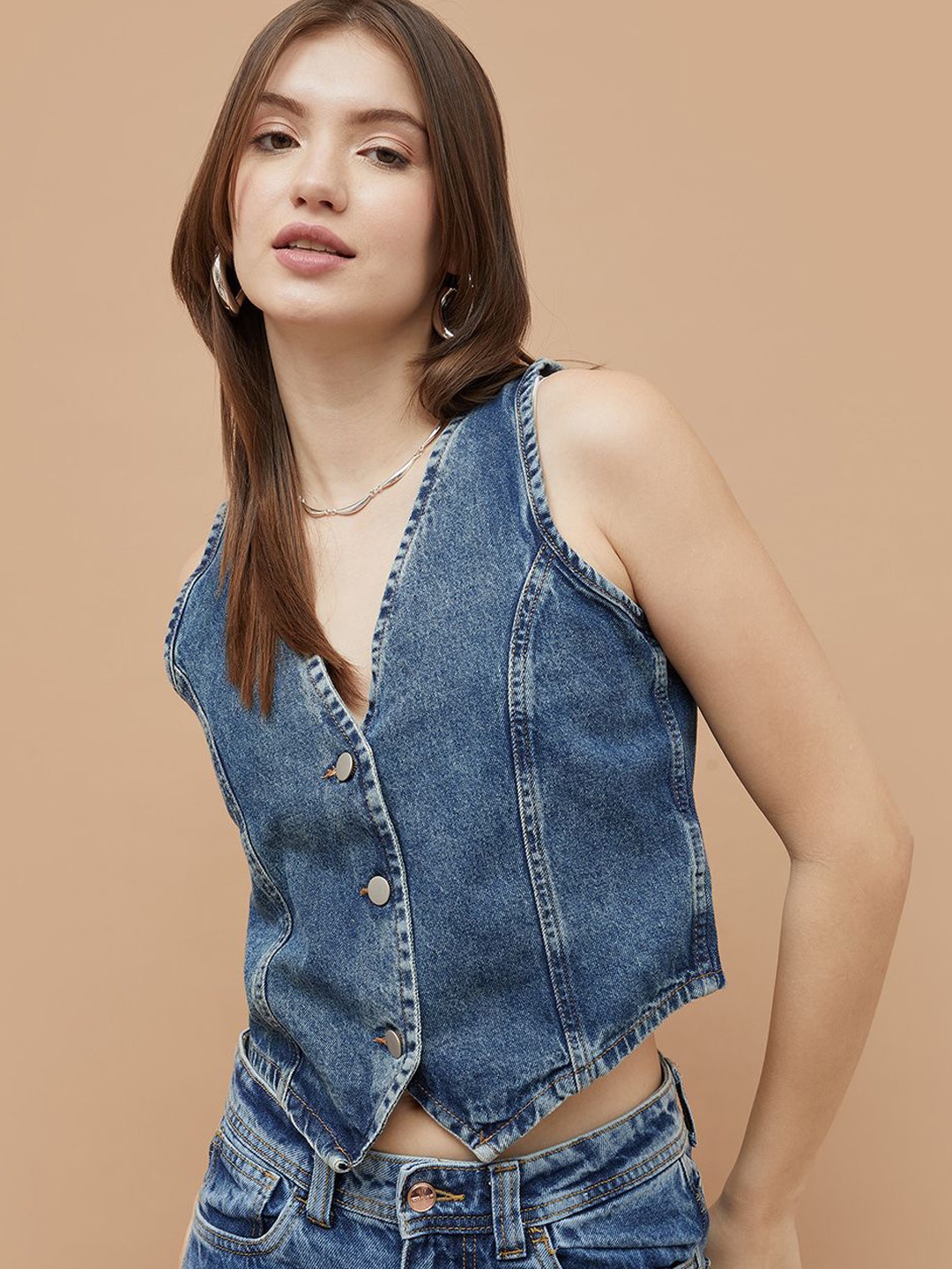 

Fame Forever by Lifestyle Women Collarless Washed Solid Cotton Casual Denim Jacket, Blue