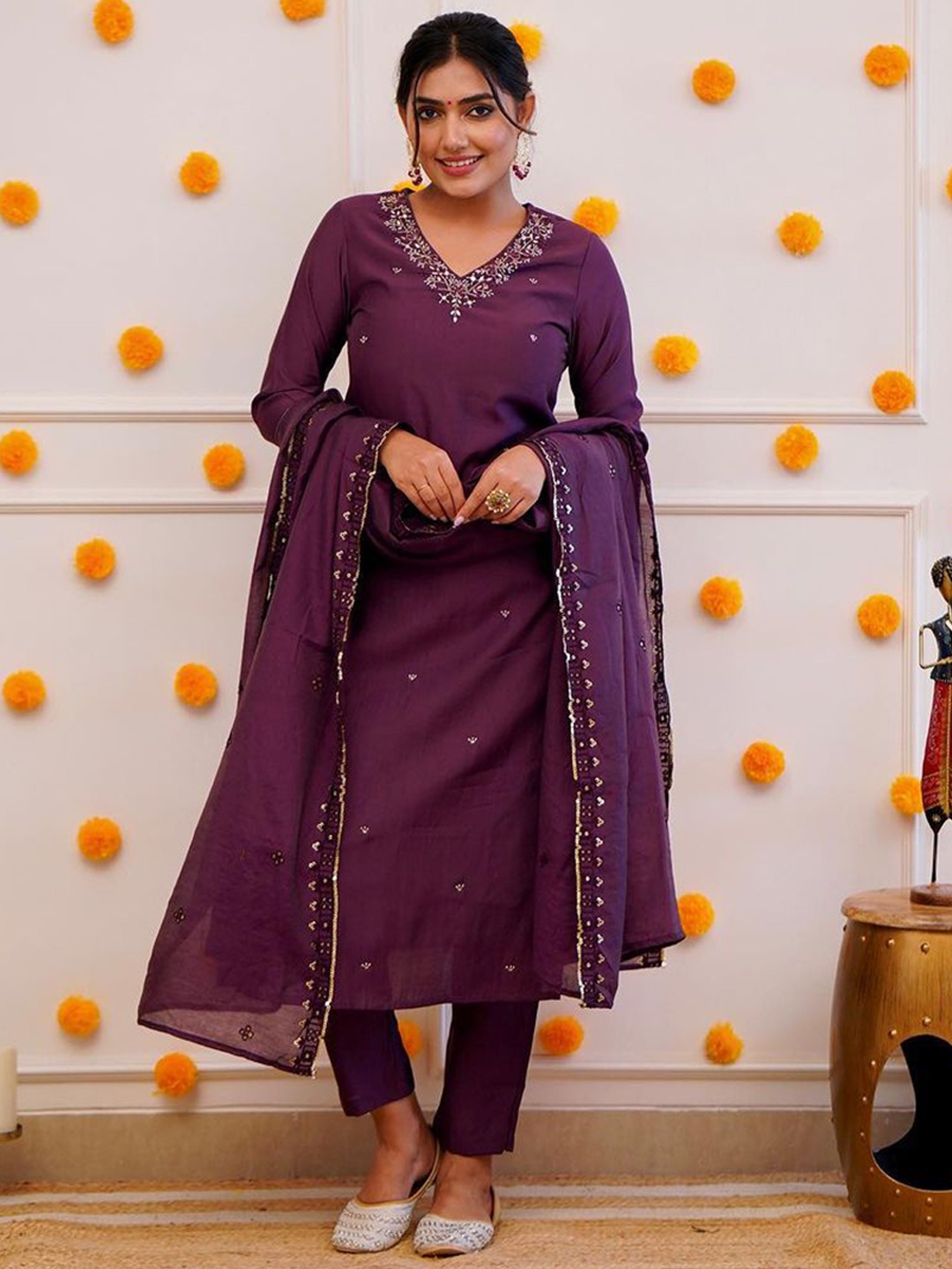 

Sitanjali Floral Embroidered V-Neck Mirror Work Straight Kurta With Trousers & Dupatta, Magenta