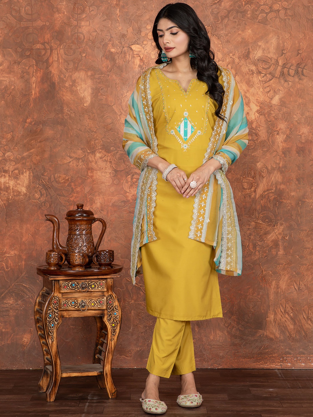 

Sitanjali Ethnic Motifs Embroidered Beads And Stones Kurta With Trouser And Dupatta, Yellow